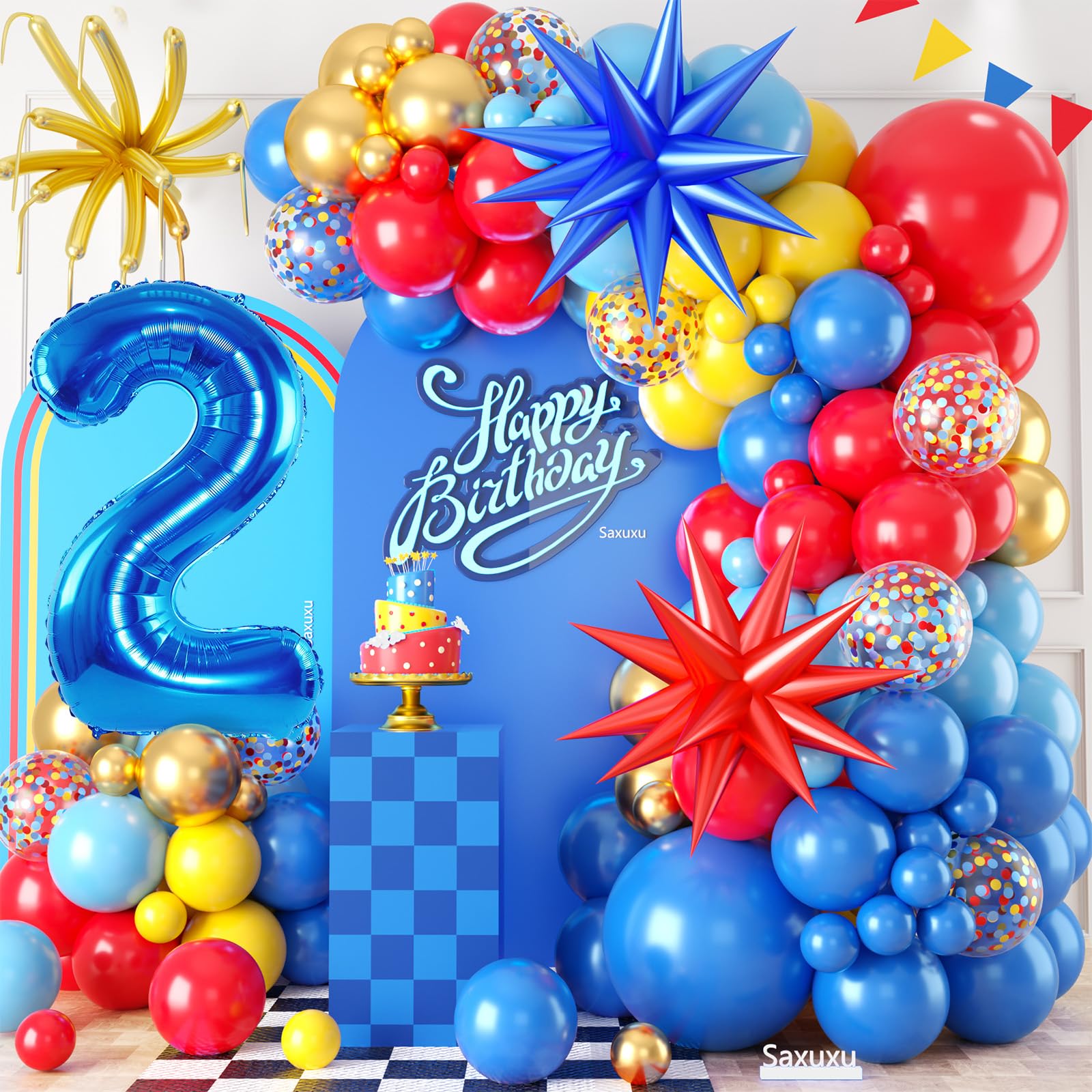 Red Yellow Blue Balloon Garland Arch Kit with Navy Blue 40 Inch Number 2 Balloon, 2nd Birthday Decorations for Boy with Star Foil Balloons for 2 Year