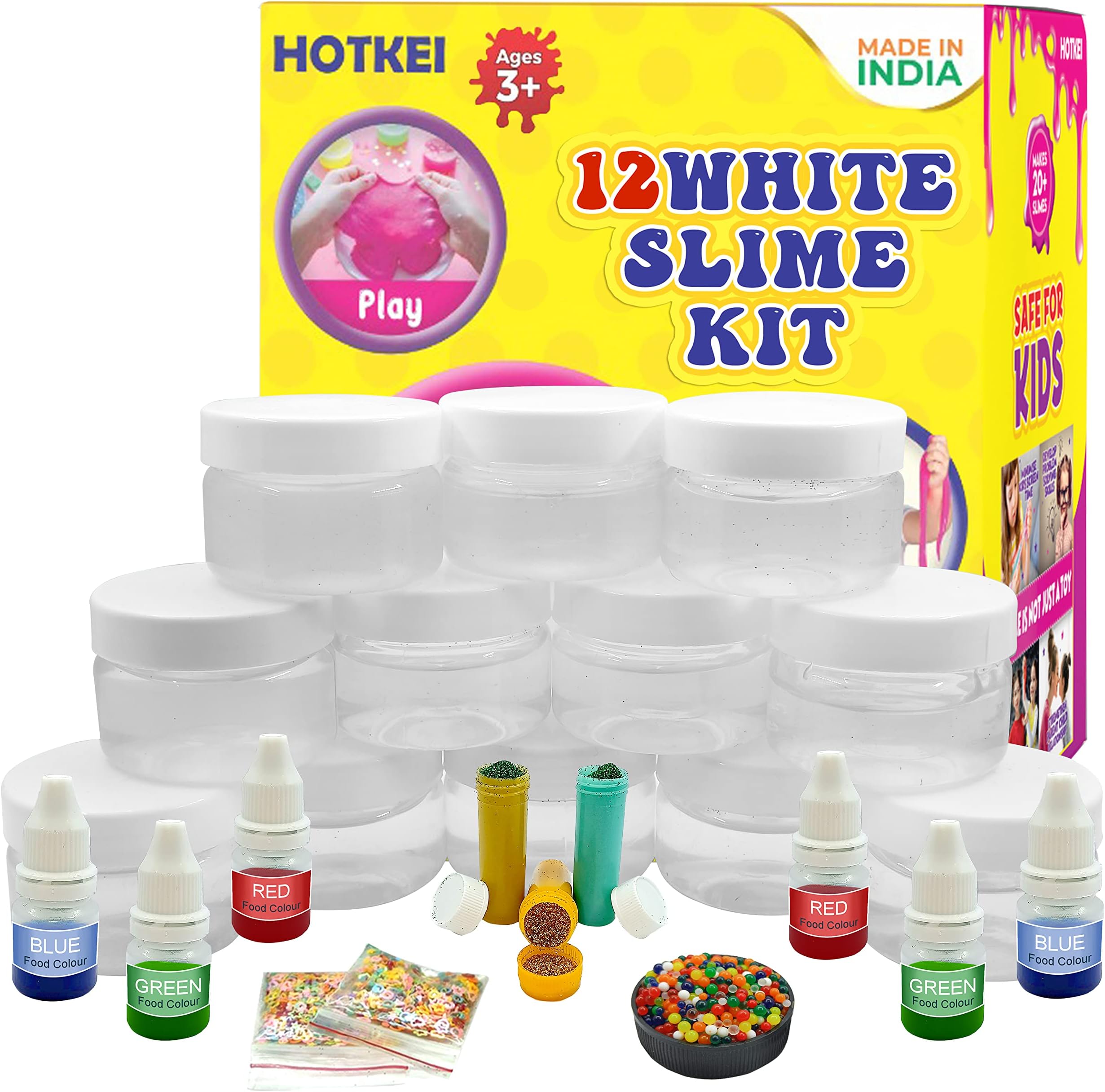 HOTKEI (12 White Slime kit) DIY Clear Color Fruit Scented DIY Toy Slimy Slime Gel Jelly Putty Set Art kit Toys for Boys Girls Kids 3 to 10 Years 600 gm Slime with Glitter| Charms | Star | Beads Set