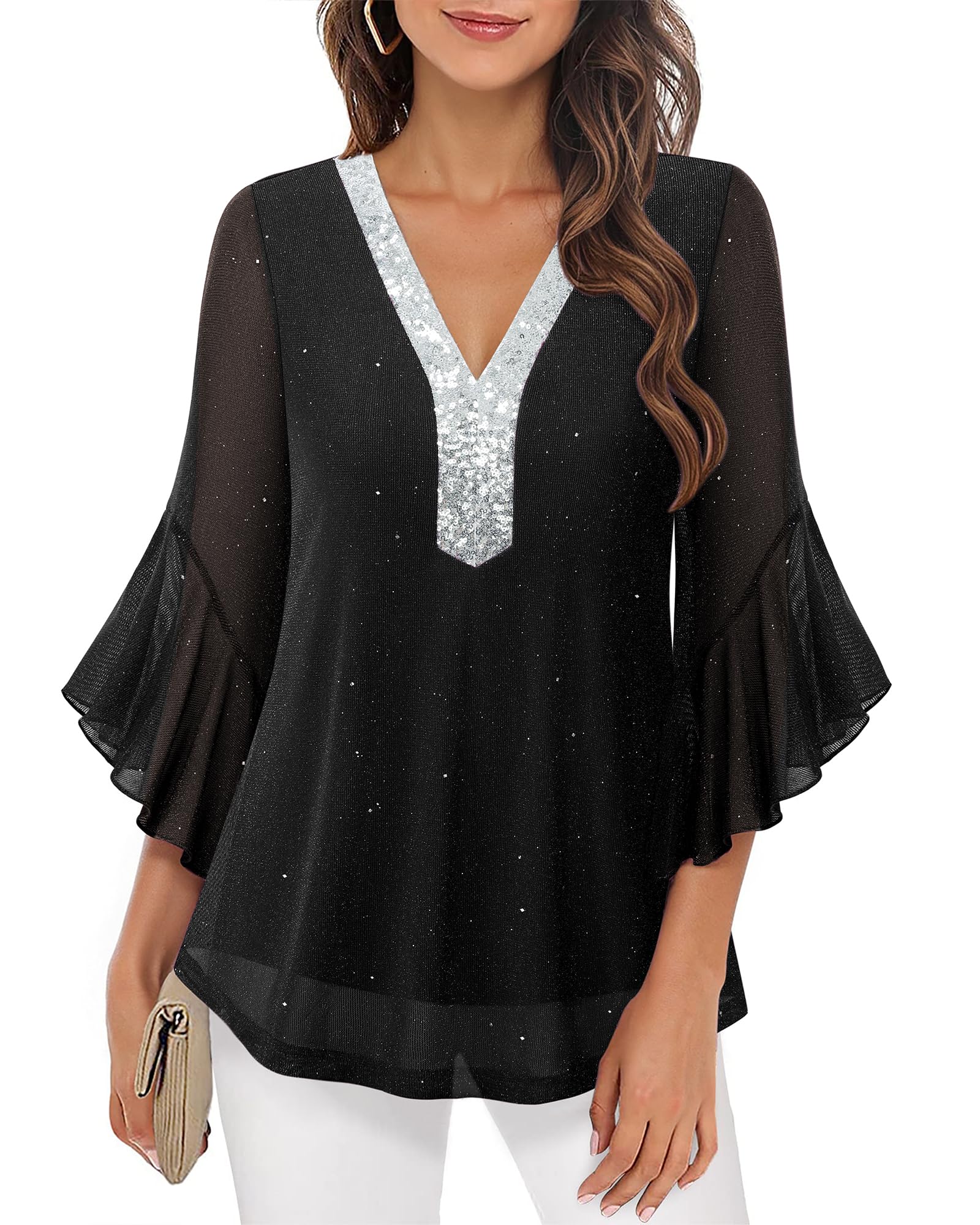 Bodhi talk Élégant chemisier pour femme - Manches 3/4 à volants - Tunique à paillettes - Col en V - Double couche en maille - Haut festif pour un usage quotidien et une fête parfaite