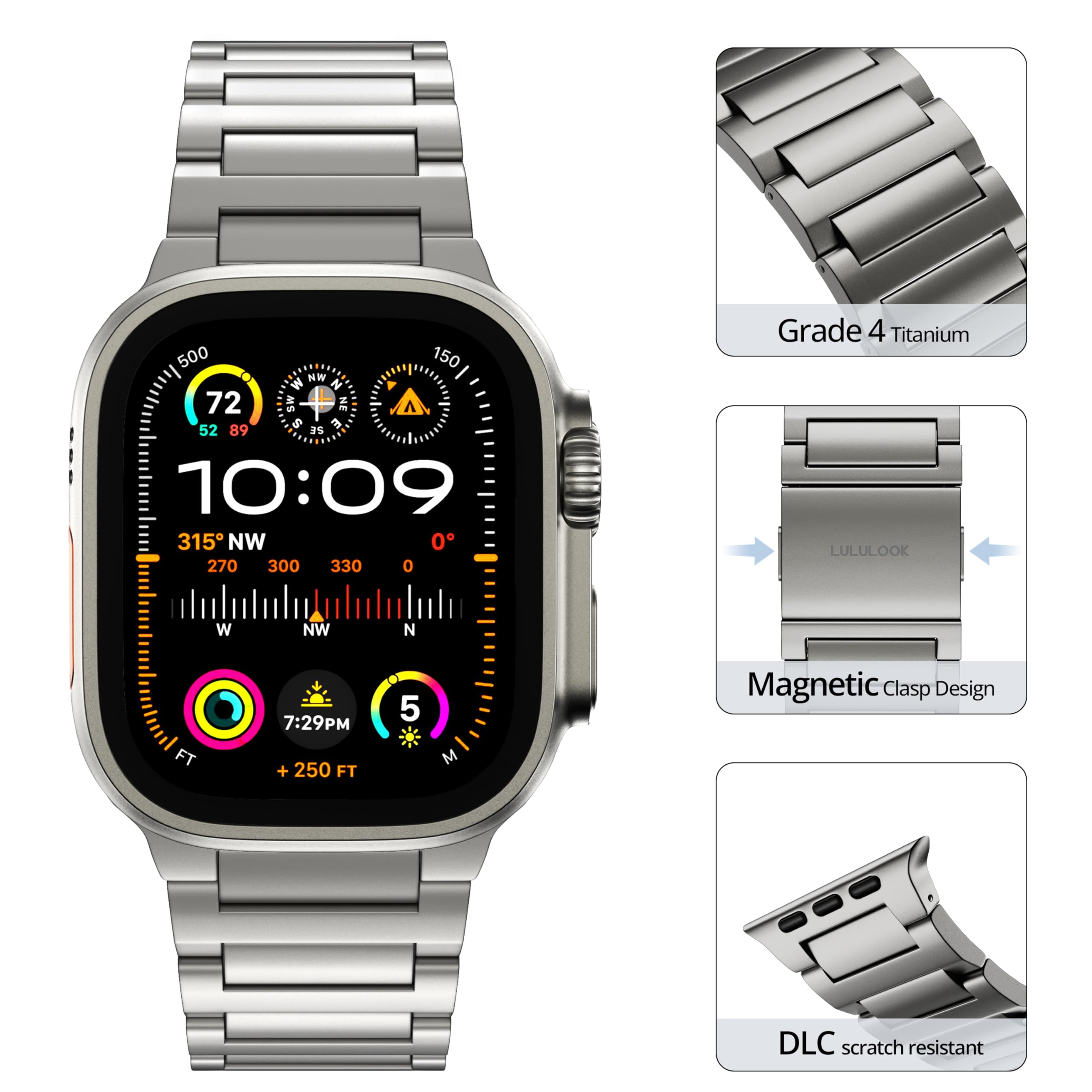 LULULOOK Pasek tytanowy klasy 4 do Apple Watch Ultra 2/Ultra 49 mm z magnesem, pierwszy na świecie ultralekki tytanowy pasek zastępczy z powłoką Super DLC do zegarka iWatch Ultra