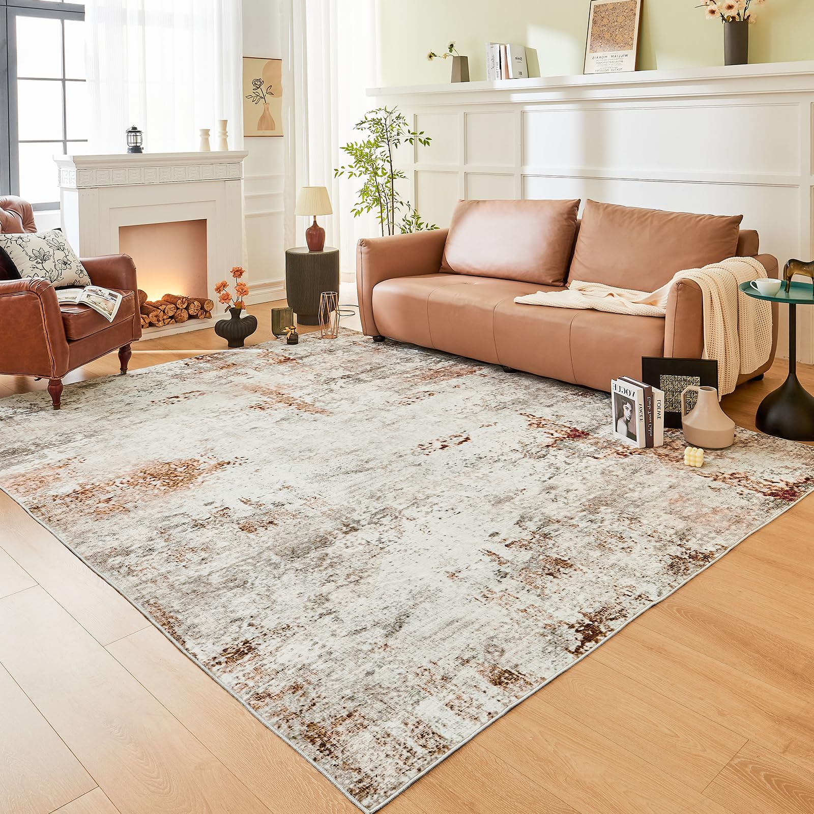 Dintszyayue Abstract Washable Area Rug 5x7 Non-Slip Soft Brown Neutral Area Rug for Bedroom Living Room Floor Carpet