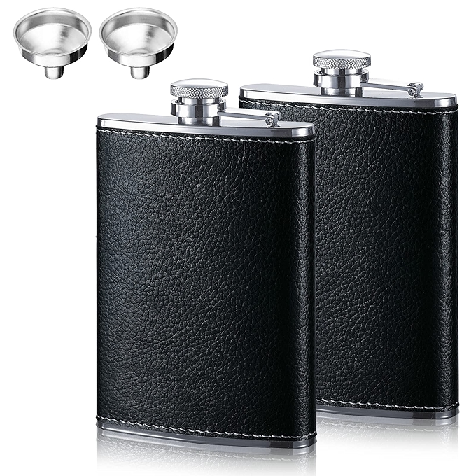 便携不锈钢酒壶套装，带漏斗和皮革包裹，适合男士使用