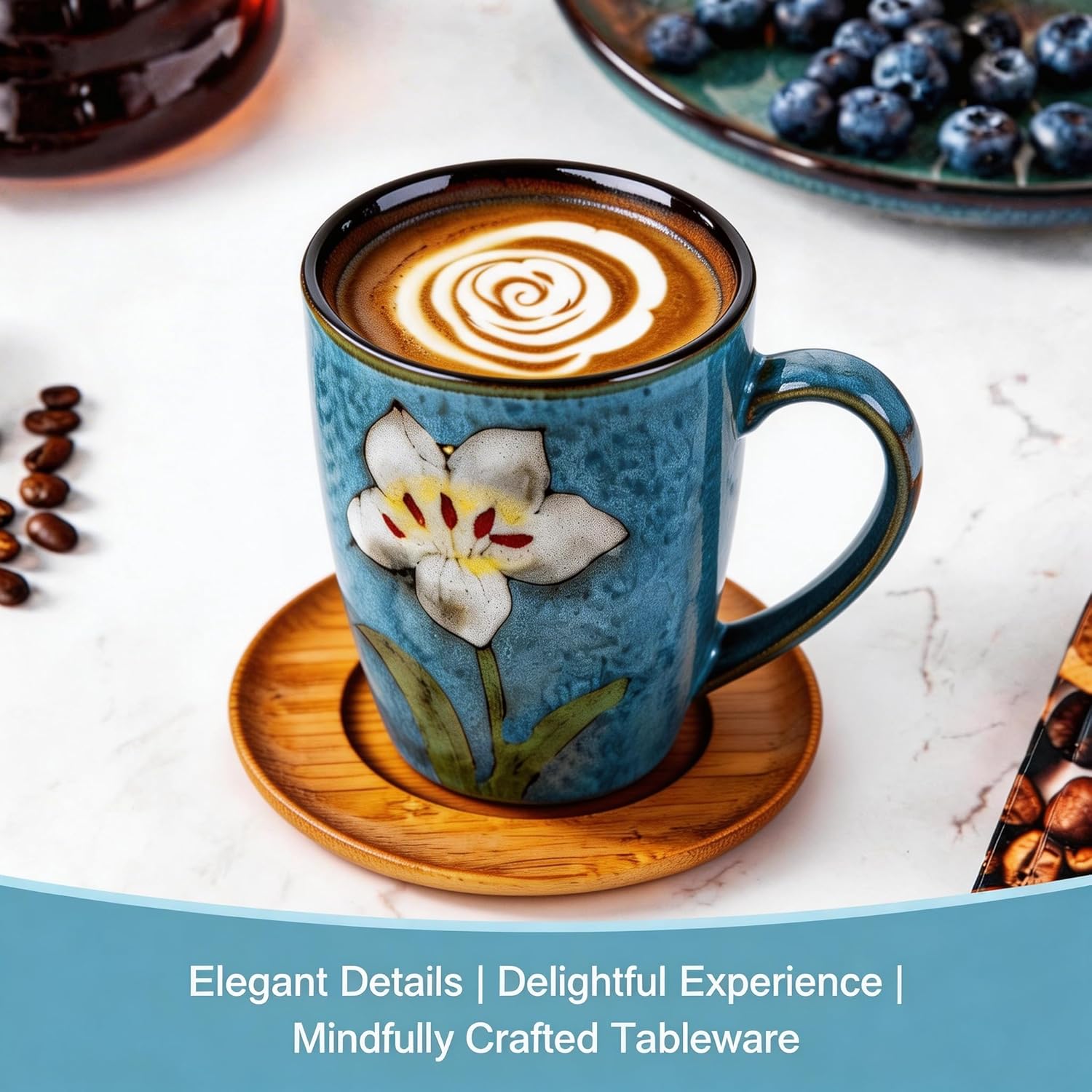 12oz Coffee Mugs Set of 4, Hand-Painted Floral Stoneware Cups with Handle, Dishwasher Microwave Oven Safe, Cappuccino Mugs for Latte, Tea, Espresso & Hot Cocoa, for Home Kitchen & Cafe, Blue