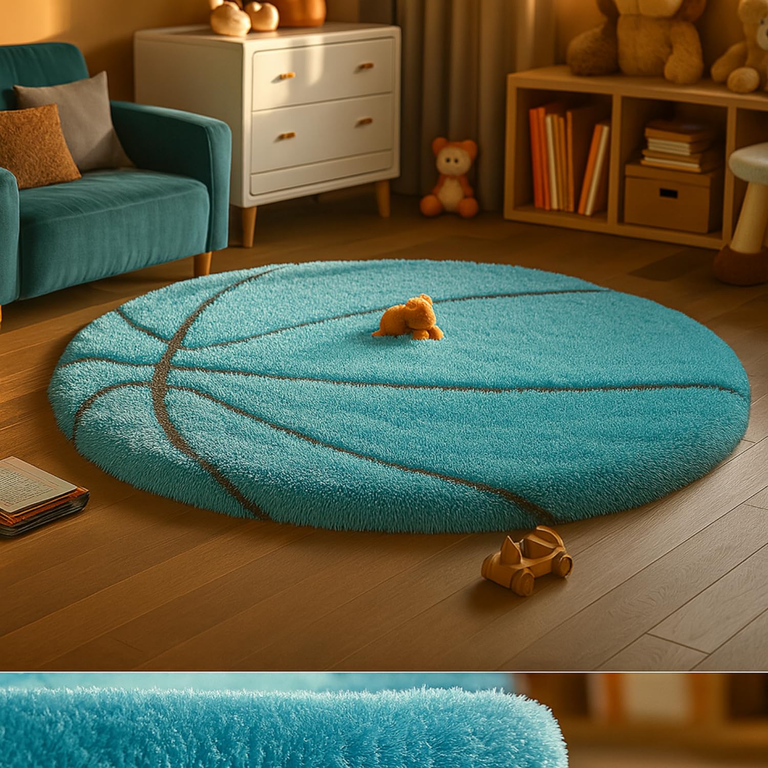 Xenluxe Basketball 4x4 feet Carpet for Kids Room – Soft Turquoise Round Rug, Non-Slip Floor Mat for Bedroom, Nursery, Playroom & Sports Theme Décor (4x4 feet, Turquoise, Round). 3