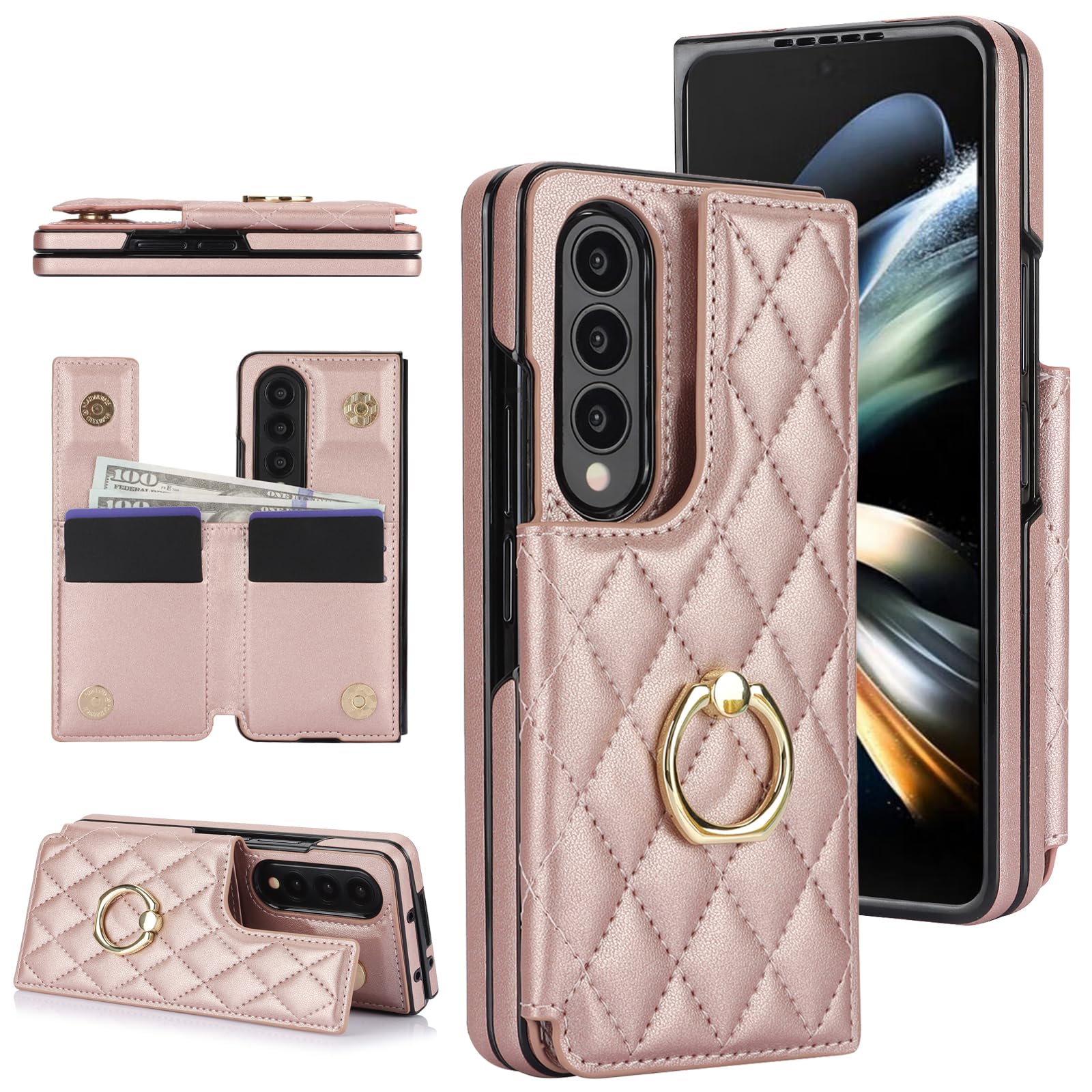 XIMAND for Samsung Galaxy Z Fold 4 Wallet Case with Ring and Credit Card Holder, Cash Slot, Premium Diamond Leather Magnetic Clasp Kickstand Heavy