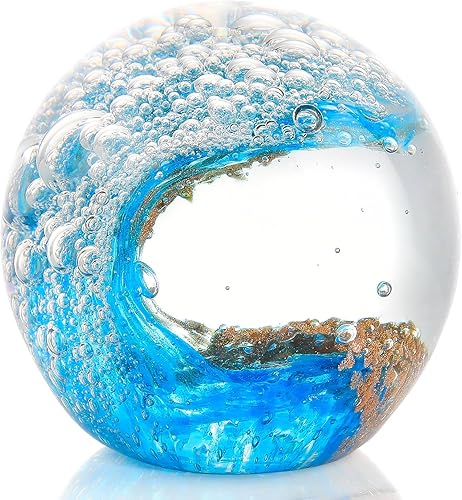 Miniatura 7 de Bola de vidrio soplado a mano, olas del océano, pisapapeles, decoración de cristal de mar, bola de burbujas de cristal para dormitorio, hogar, Azul