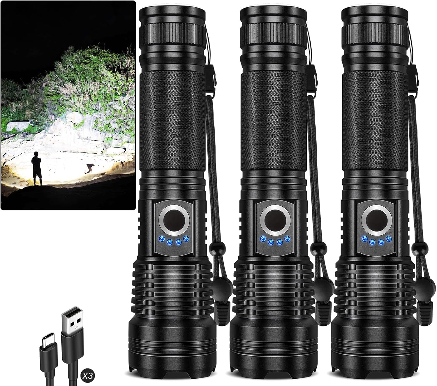 Paquete de 3 linternas LED recargables, 99000 lúmenes