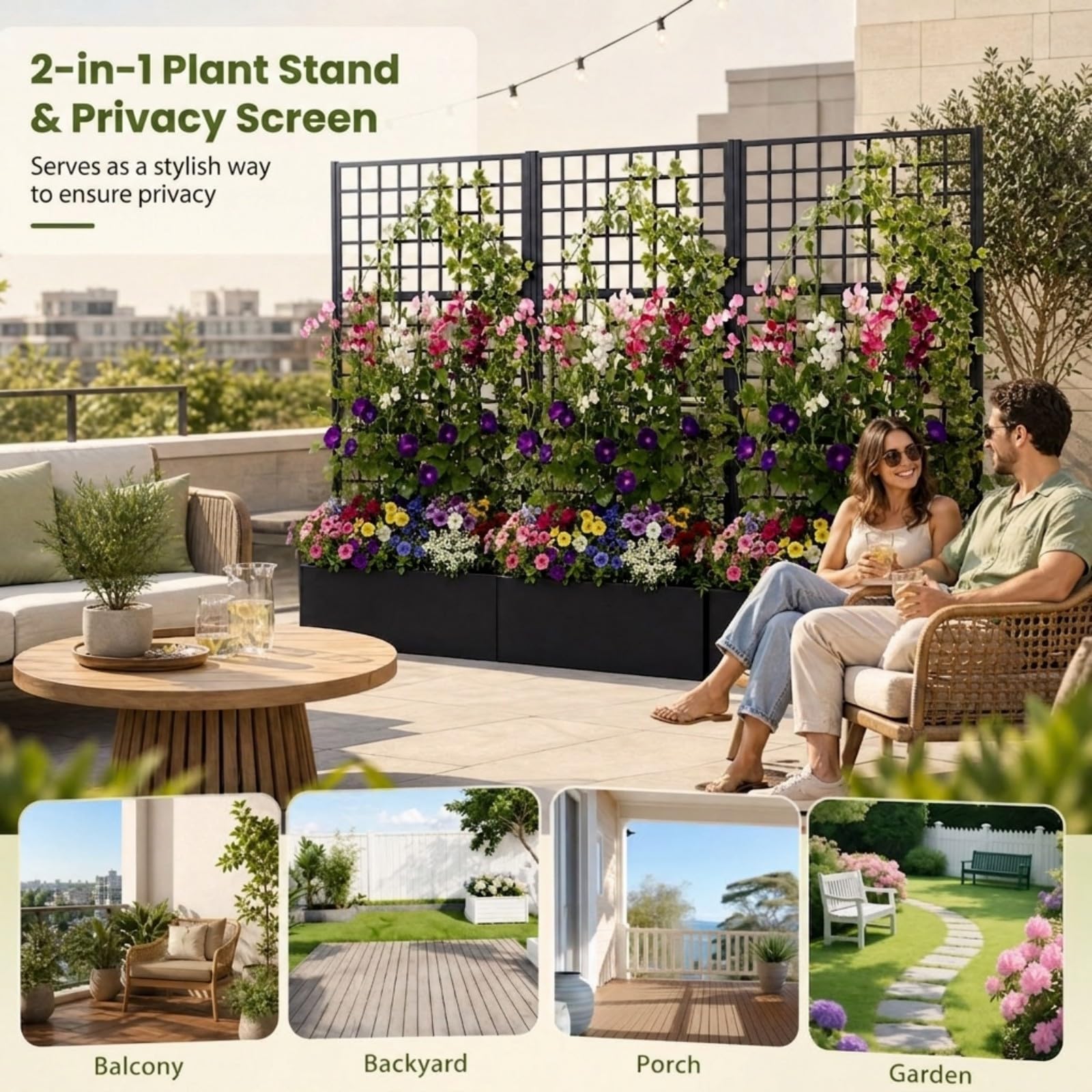 HOMASIS Jardinière avec Treillis en Métal (Rectangle, 90 x 40 x 180 cm) | Bac à Fleurs Surélevé Trous de Drainage pour Plantes Grimpantes, Jardinière Brise-Vue Extérieure
