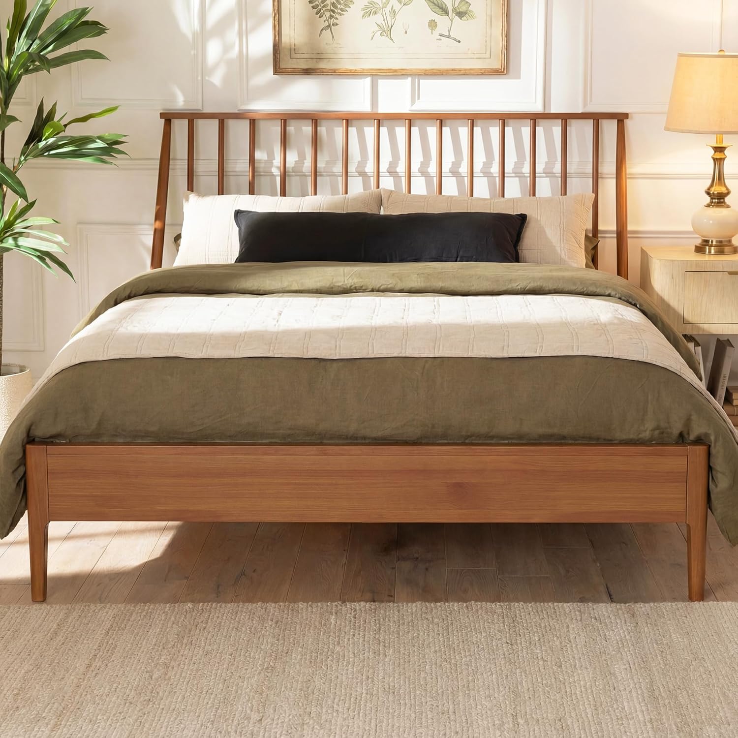 Merax King Size Solid Bamboo Wood Spindle Platform Bed with 46.5" Tall Headboard, Bohemian Bed Frame with Wooden Slats and Metal Support, Mid-Century Modern Style, No Box Spring Needed, Brown