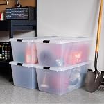 IRIS USA 86 L Plastic Storage Box with Lid and Latches - 4 Pack - BPA-Free, See-Through Organizing Solution, Durable Nestable Stackable Containers, Secure Pull Handle - Clear