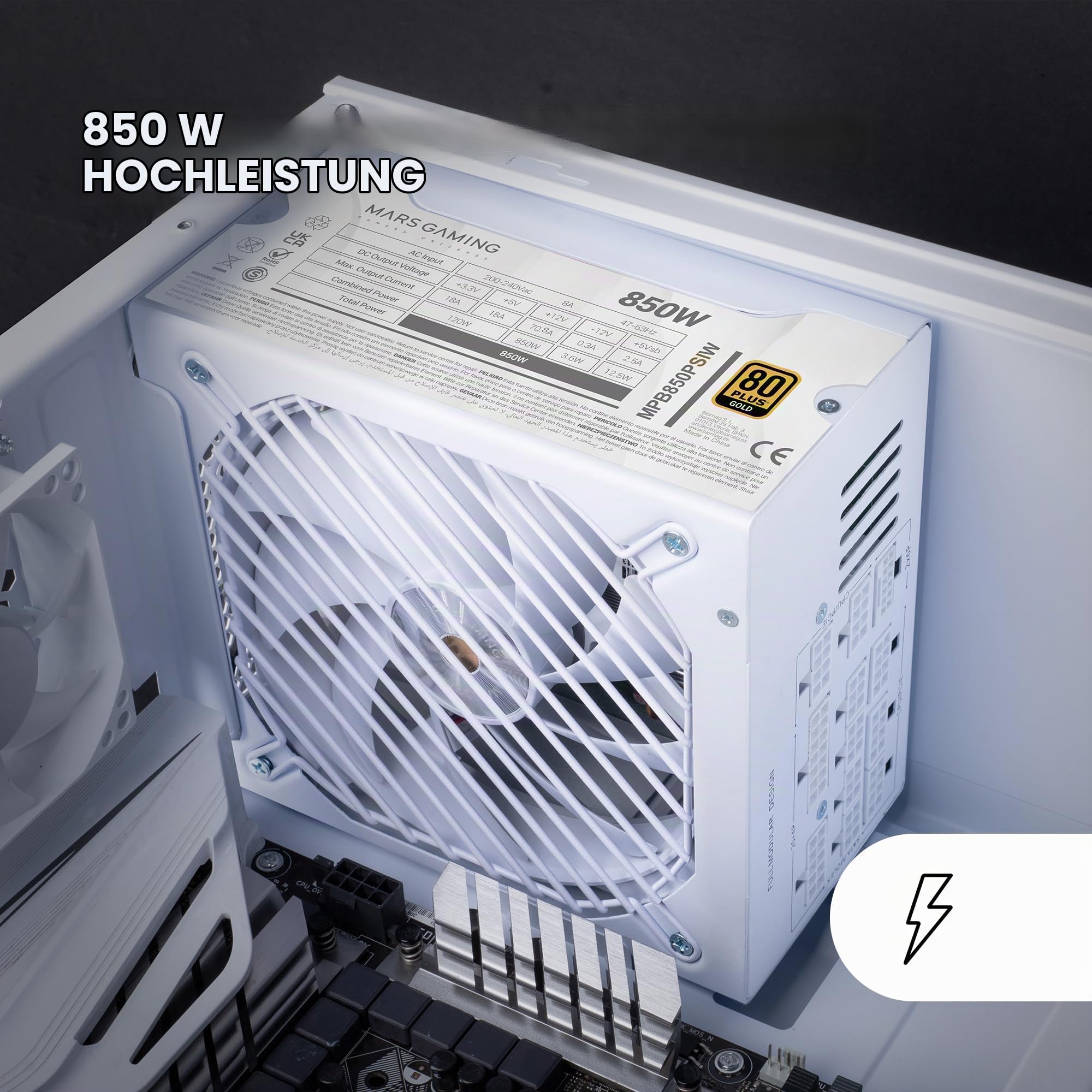 Mars Gaming MPB850PSI, Vollmodulares ATX-Netzteil 850W, 10 Jahre Garantie, 80Plus Gold 90%, SI-Lüfter 14cm, AI2-RPM-Technologie, DC-DC und SMD, ATX 3.1 und PCIe 5.1, 12V 2x6 Anschluss, Weiß