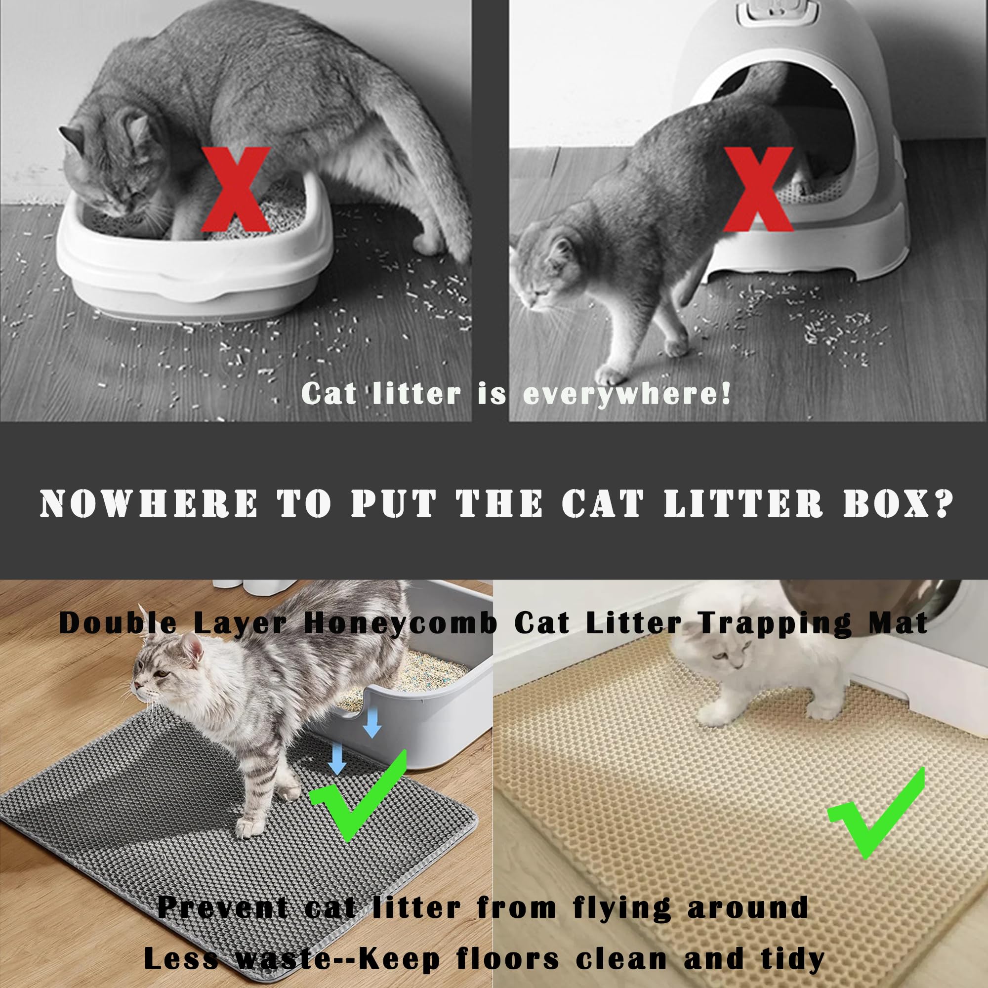 2-Pack Cat Litter Mat, Double Layer Honeycomb Waterproof Urine Proof Non-slip Litter Trapping Mat, Less Waste, Easy to Clean Cat Litter Box Mat, Kitty Indoor Supplies (Gray, 30x22 Inches) - image 2
