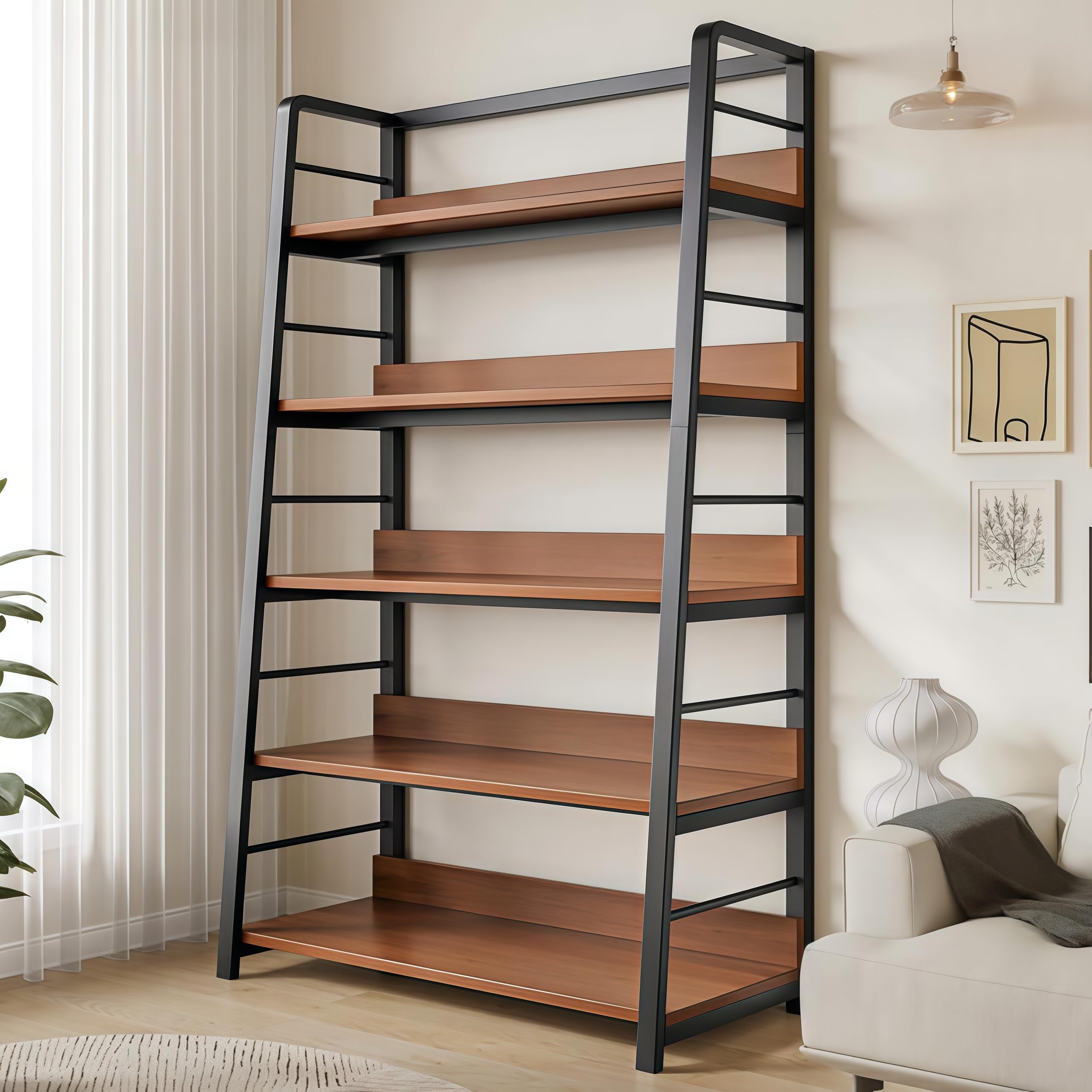 LEDIN Rustic Ladder Book Shelf, 5 Tier Industrial Ladder Shelf Bookcase, Standing Leaning BookShelf Cabinet for Living Room (Black frame)