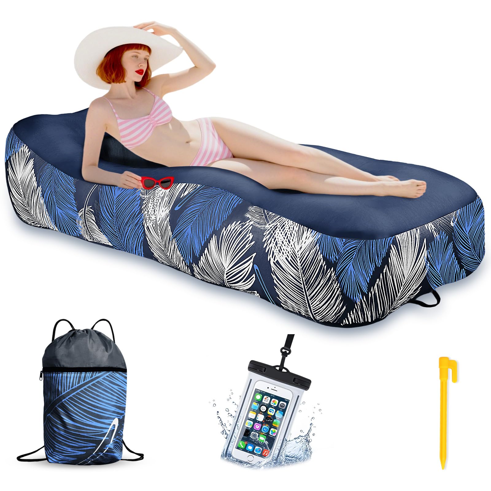 Aufblasbares Sofa - 195 x 70 cm Aufblasbare Couch Camping Sofa mit Mesh &Tragetasche Wasserdichte Handyhülle, Aufblasbares Luftsofa Air Lounger Tragbar Aufblasbar für Outdoor Strand (Marineblau)