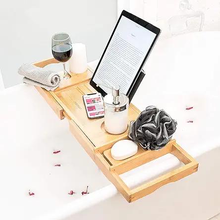 Bamboo Bath Caddy Tray: Expandable Tub Tray with Wine Holder & Book Stand - Ideal Gift for Women