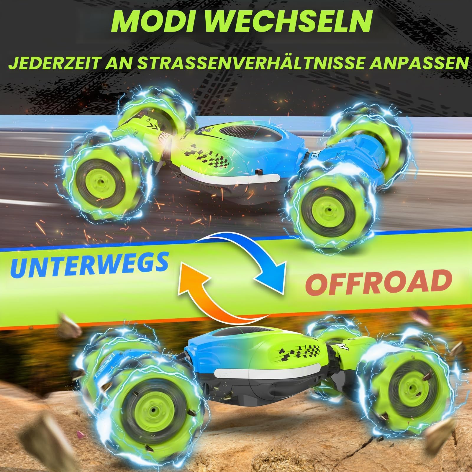 Dysaim Ferngesteuertes Auto RC Stunt Car Ferngesteuerte Auto mit Handsteuerung 2,4 GHz 4WD 360° Drehung Crawler Offroad 2 Akku Weihnachten Geschenk Spielzeug für Junge Mädchen ab 6 7 8 9 10 12 Jahre