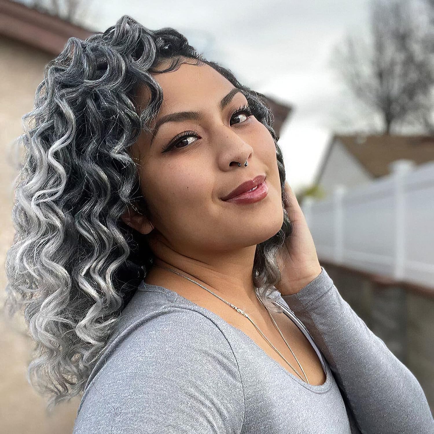 ToyoTree Ocean Wave Crochet Hair - 16 Inch 8 Packs Ombre Gray Mid-Length Curly Deep Wave Crochet Hair, Synthetic Ocean Wave Braiding Hair Extensions (