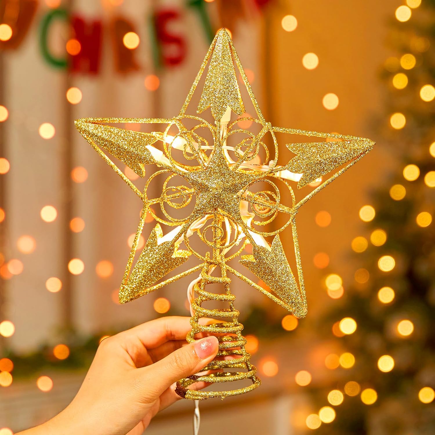 Christmas Star Tree Topper, Plug in 3D Star Tree Topper, 8" Gold Glittered Metal Hollow Designed Built-in 10 Bulbs String Lights for Christmas Tree Decorations
