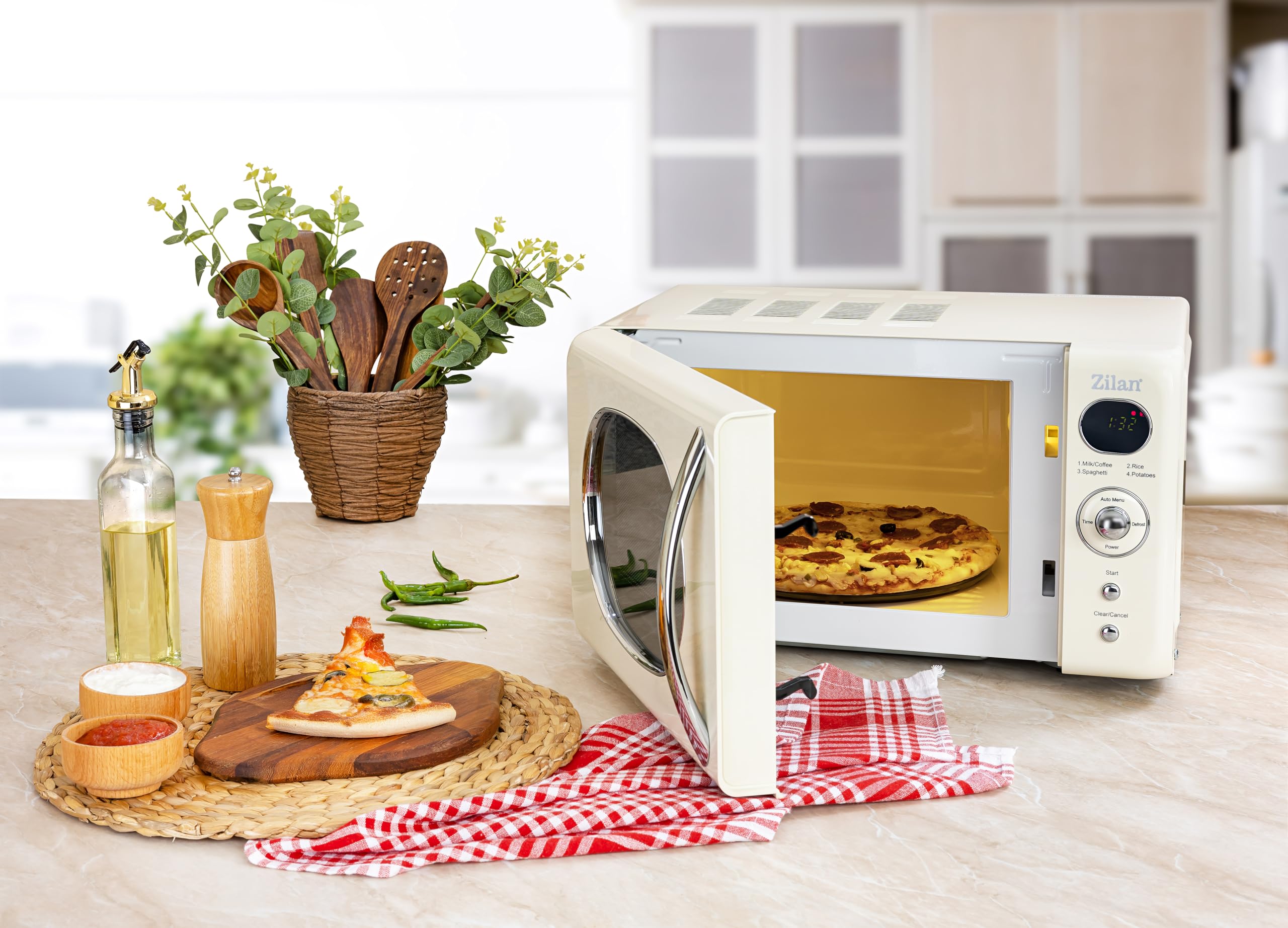 Microonde da 20 l, design retrò, vintage, 6 livelli, con funzione di scongelamento fino a 95 minuti, 4 programmi automatici, illuminazione interna, manico cromato Microwave