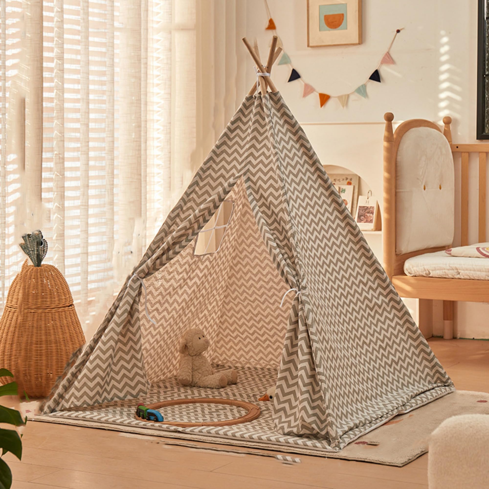 ZBELLO Teepee Tent for Kids, Kids Play Tent, Boys and Girls Playhouse, Stripes Design, Cotton and Linen Fabric, Wooden Frame (Grey,63 inch/160 cm)