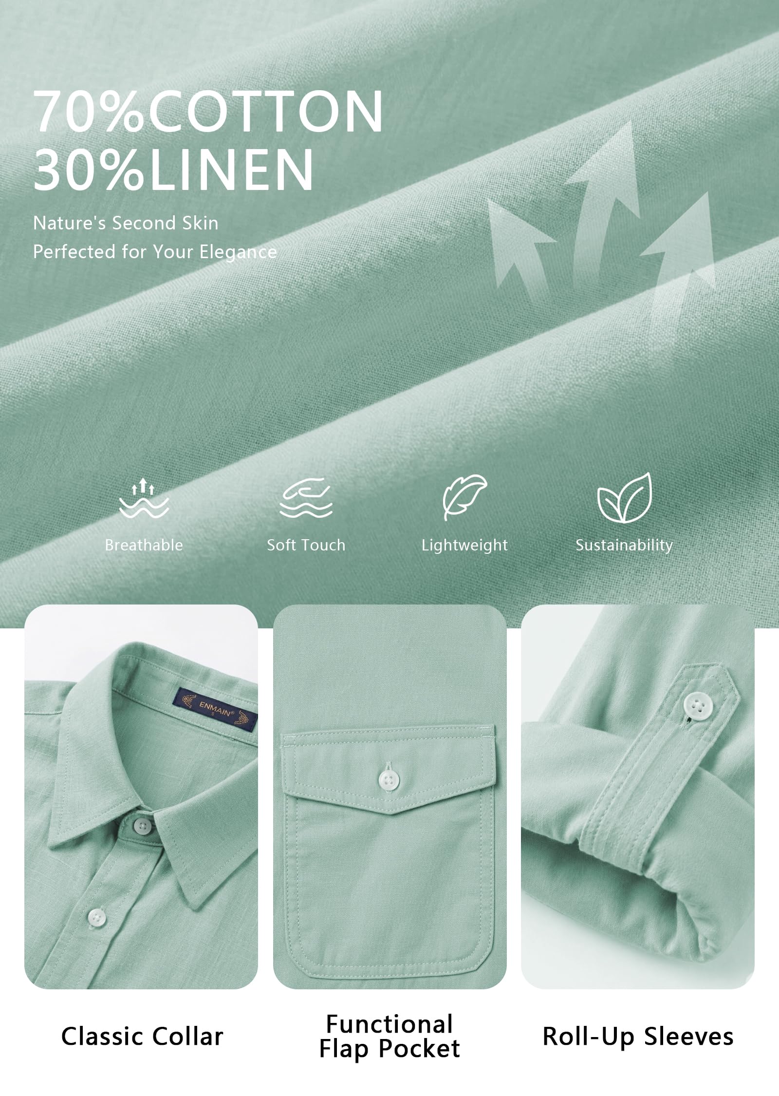 Enmain Camicia Donna a Maniche Lunghe Camicia Lino Donna Casual con Bottoni e Maniche Risvoltabili con 2 Tasche per Estate e Spiaggia S-3XL