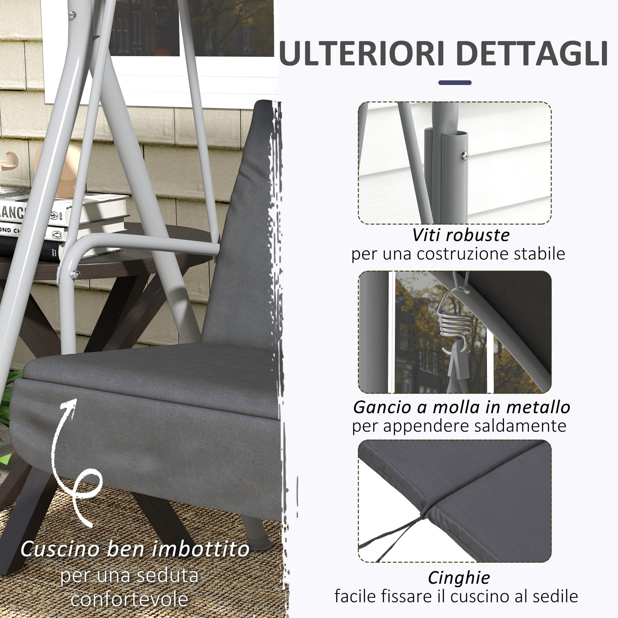 Outsunny Dondolo da Esterno con Tavolino e Portabicchieri Centrale, Dondolo 2 Posti in Metallo con Tettuccio in Poliestere, 175 x 112 x 158 cm, Grigio