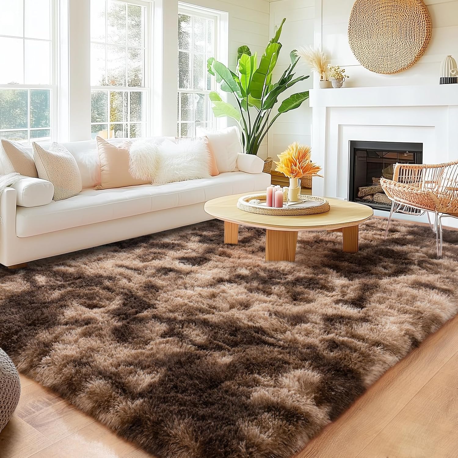 Large Area Rugs 9x12 Living Room, Ultra Fluffy Fuzzy Shag Rug for Bedroom, Modern Plush Soft High Pile Upgrade Non-Slip Carpet for Kids Girls and Boys Room Decor, Tie-Dyed Brown
