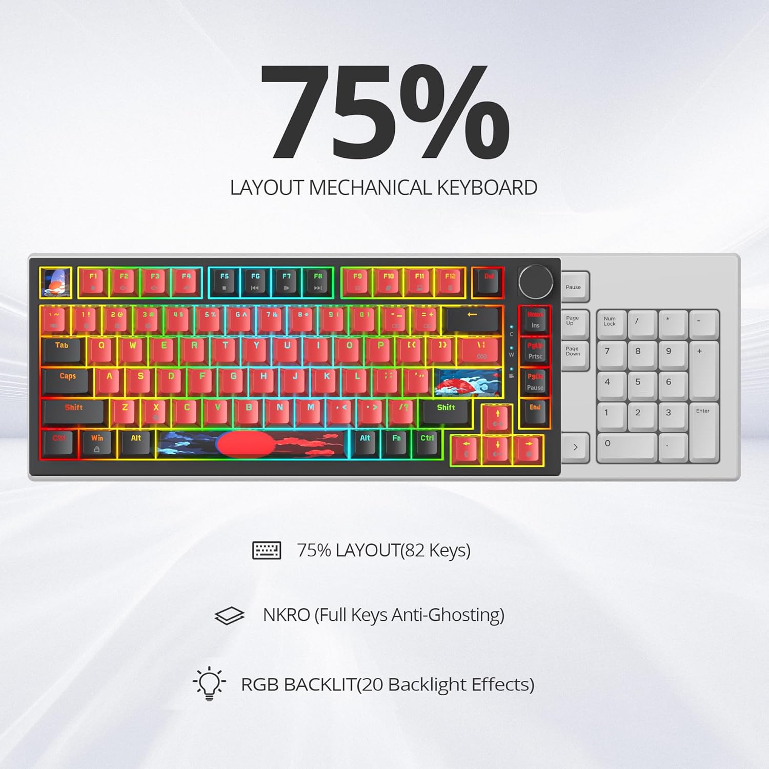 75% TKL Wired Mechanical Keyboard,RGB Backlit Gasket Mount 82 Key Hot Swappable Custom Linear Red Switch Gaming Keyboard with Volume Knob & PBT Keycaps (82 Black Red)