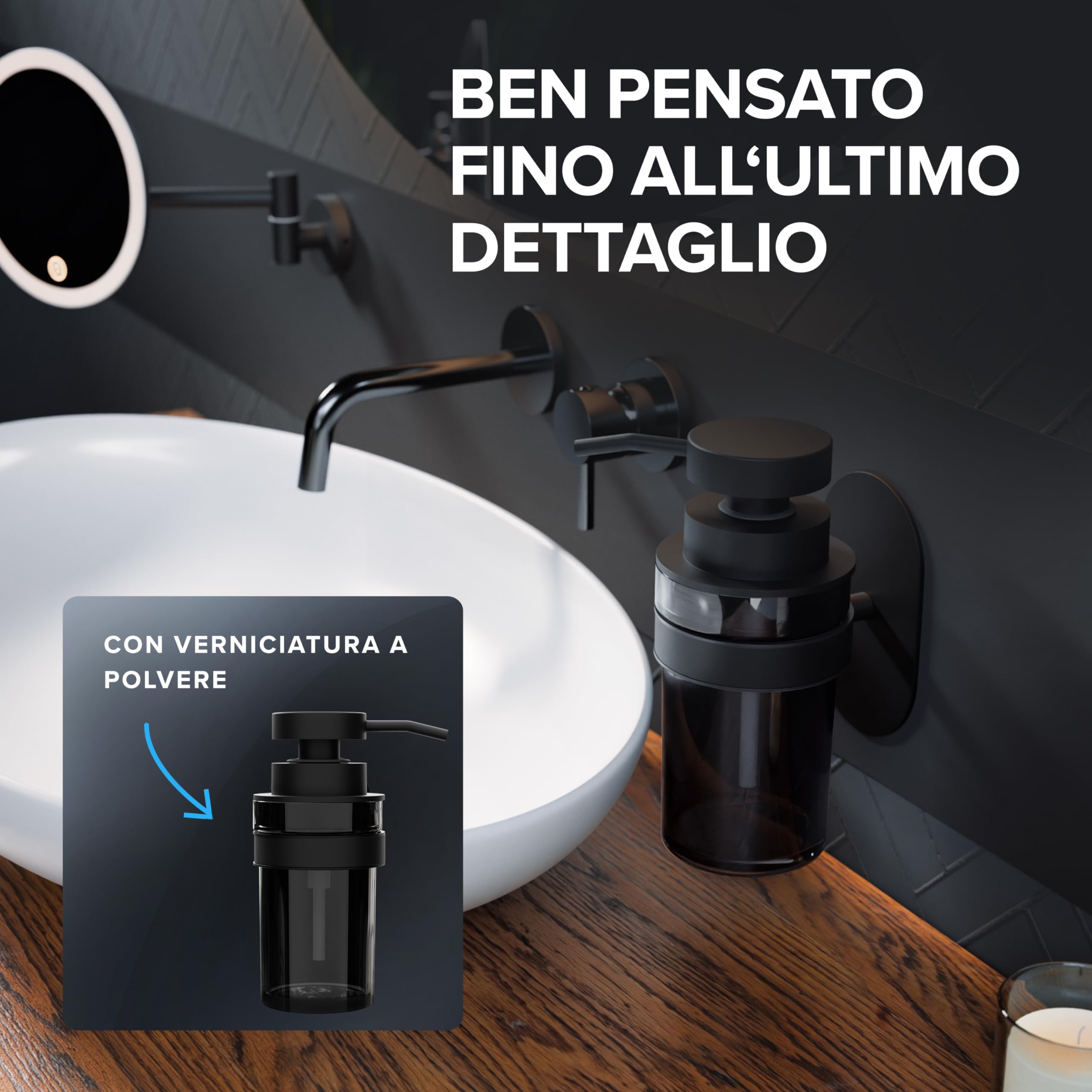 ovimar dispenser di sapone Lokta | nero | con montaggio a parete senza foratura | in acciaio inox e moderno vetro nero | con apertura extra large, facile da riempire | per il bagno o la cucina