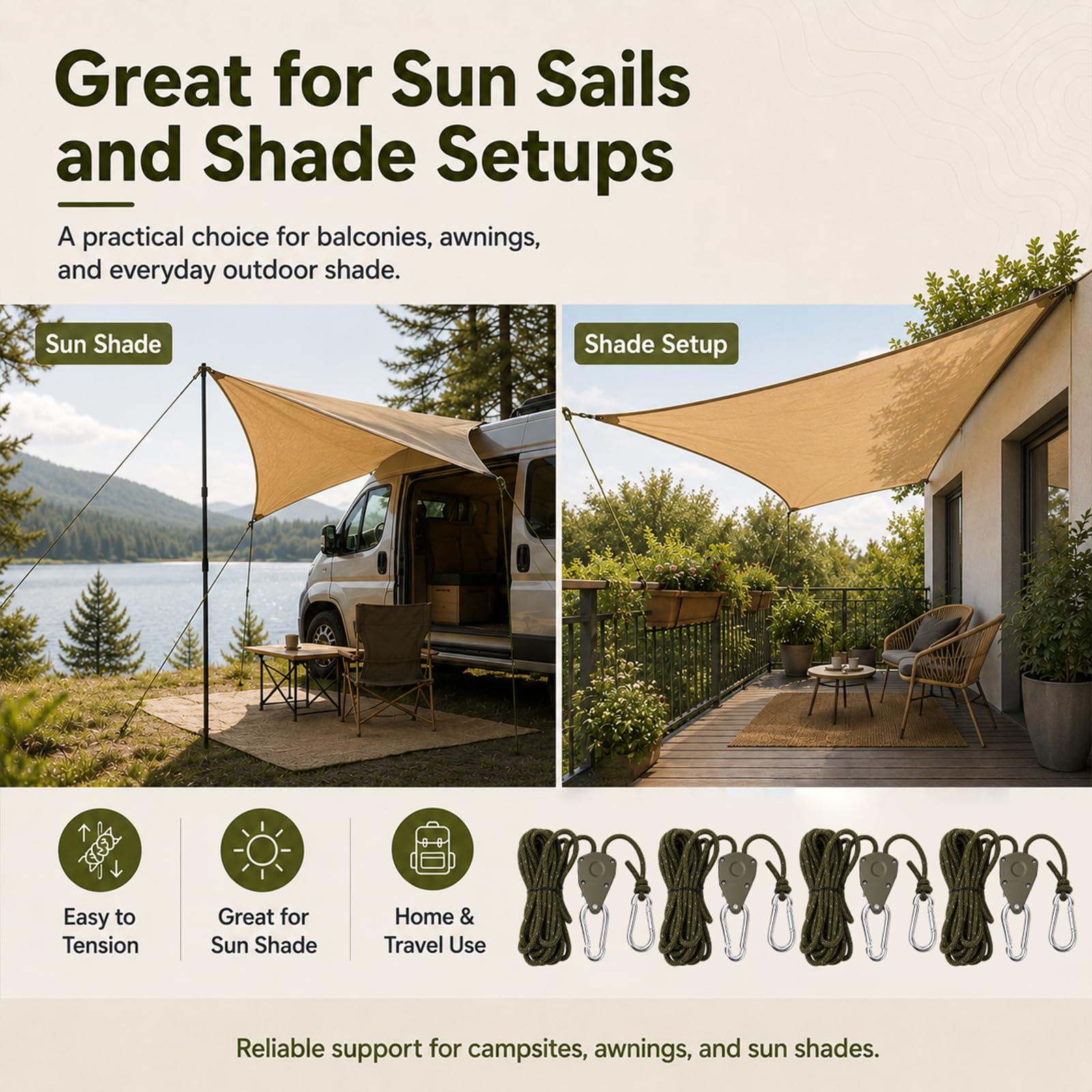 4M - Vientos reflectantes con tensor de cuerda, 8 vientos para camping, vientos para vela de sol negra, cuerda de tienda de campaña con tensor, accesorios para tienda de campaña, fácil de