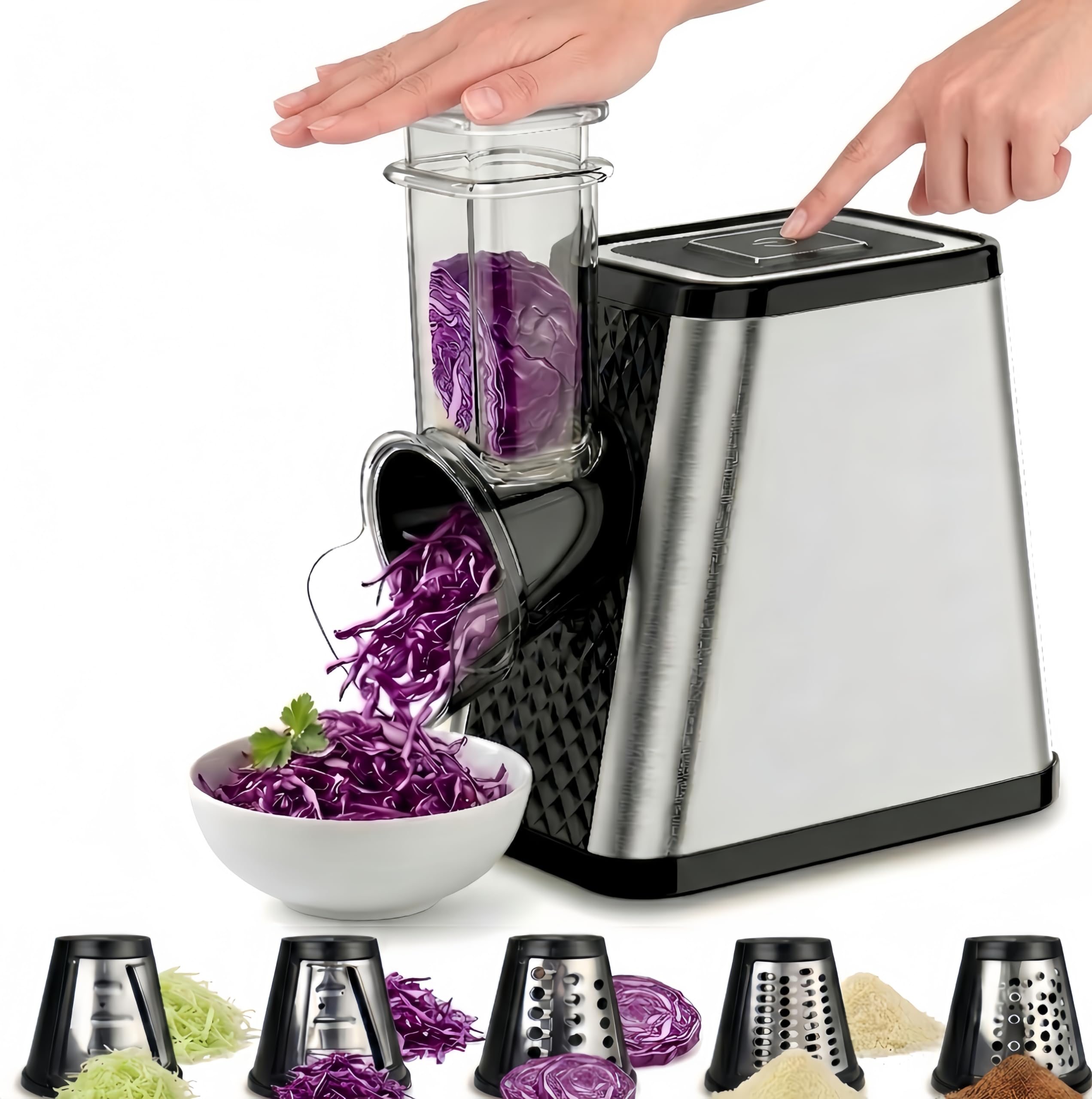 Elektrischer Gemüsehobel 500W, 5-in-1 Multifunktionaler Gemüseschneider mit 5 austauschbaren Klingen, Edelstahl Käseraspel für Kartoffeln, Karotten, Obst und Käse