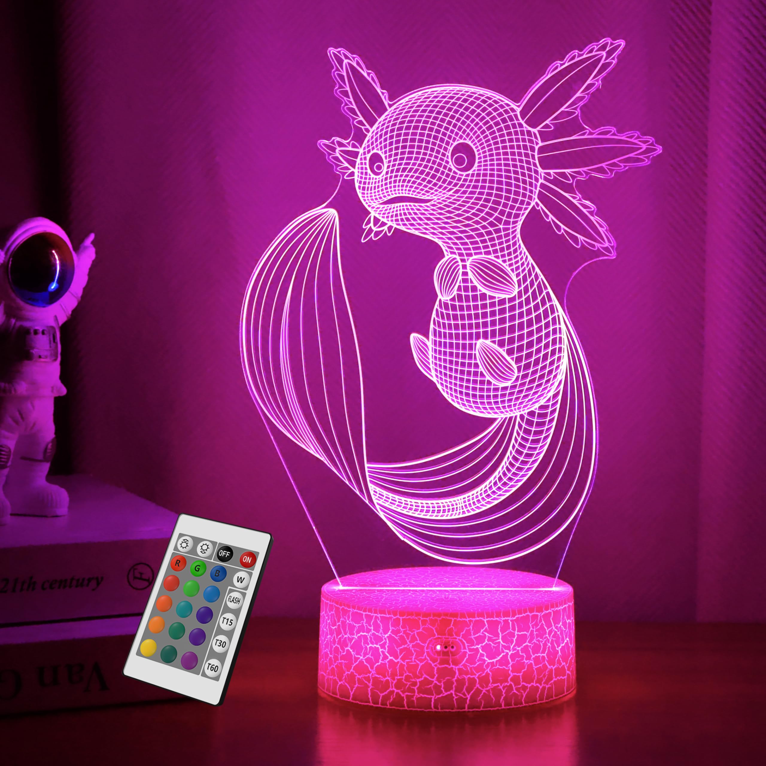 OkiyiD Axolotl Gifts, 3D Illusion Lamp, 3D Axolotl Night Light with Remote and Touch Control, Axolotl Decor for Kids Room, Girls Birthday Gamer Gaming Gifts