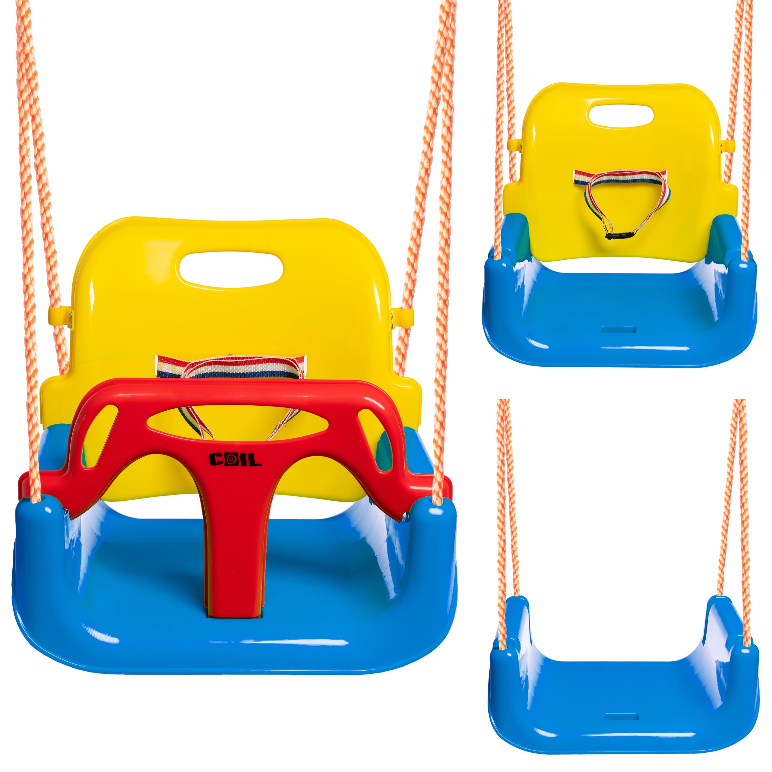 COIL Columpio infantil para exteriores, 3 en 1, columpio ajustable para niños, para interior con respaldo, columpio para interiores y niños (C0348-azul)