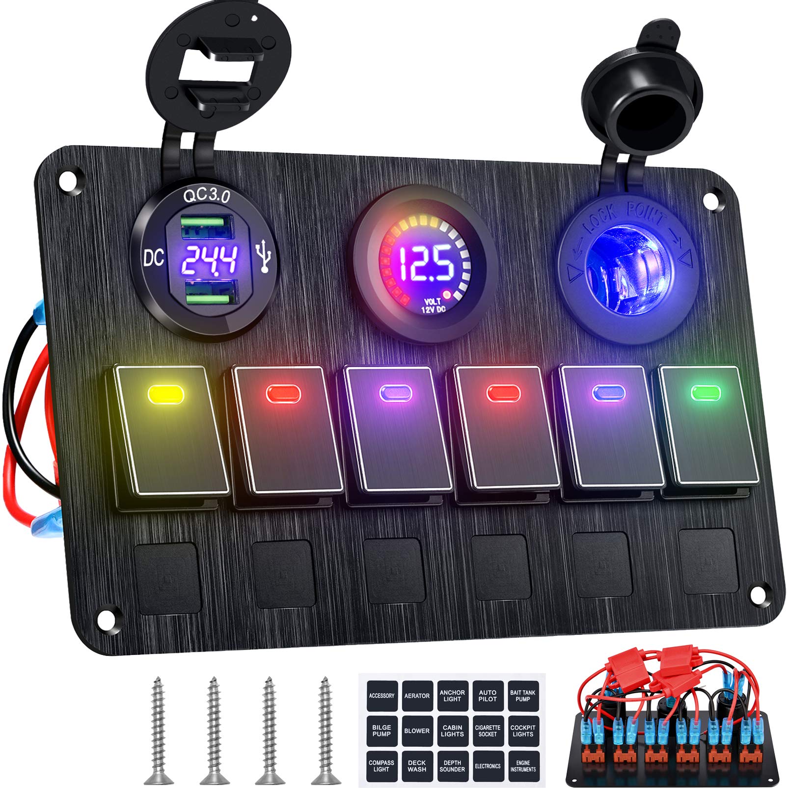 Kohree Upgrade 6 Gang Marine Boat Rocker Switch Panel, 12V Aluminum Waterproof Led Switch Panel for Car Truck Marine Boat, Digital Voltmeter Display Dual QC 3.0 USB Charger Port DC 12/24 Volt Socket