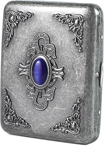 PALAMEDE Estuche Vintage de Metal - Estuche Retro con Elaborados Patrones Tallados y Adornos de Gemas de Esmeralda - Estuche de Almacenamiento