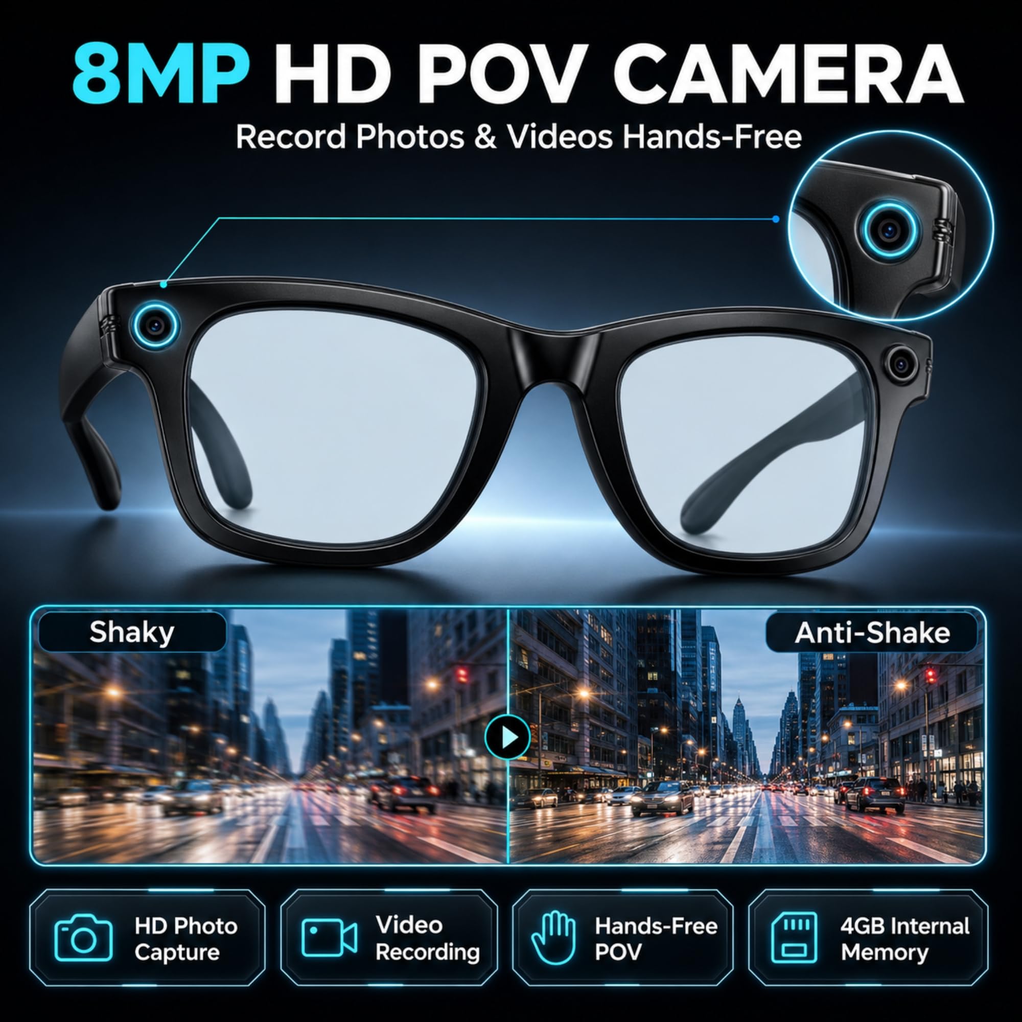 W-Direct Smart AI Camera Occhiali con 8MP HD Video (Anti Luce Blu) - Bluetooth 5.3 Open Ear Audio & Trasferimento WiFi - Occhiali da sole intelligenti indossabili mani libere