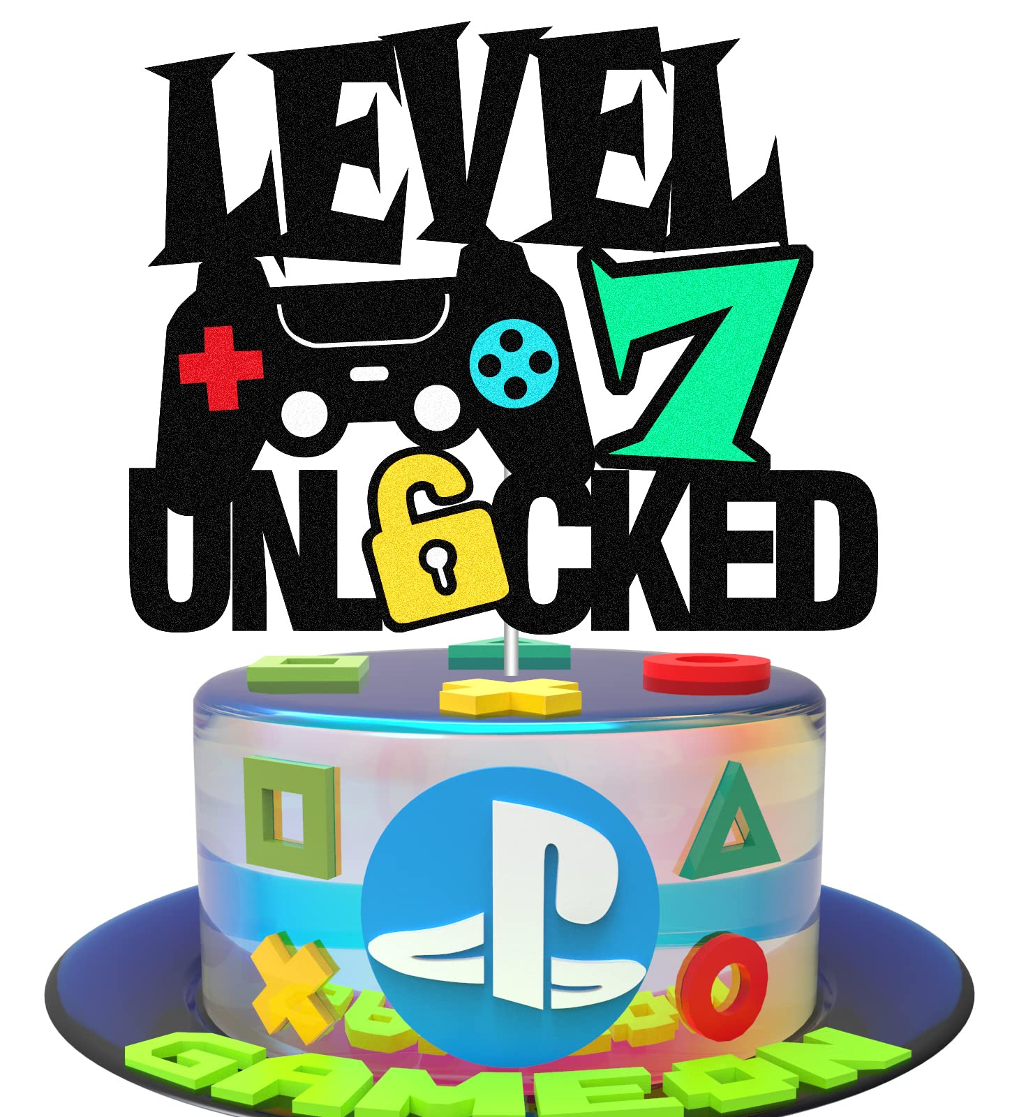Level 7th Unlocked Sign Cake Topper Happy 7th Birthday Level Up Seventh Cake Decorations for Video Game Controller Themed Kids Boy Girl Bday Party