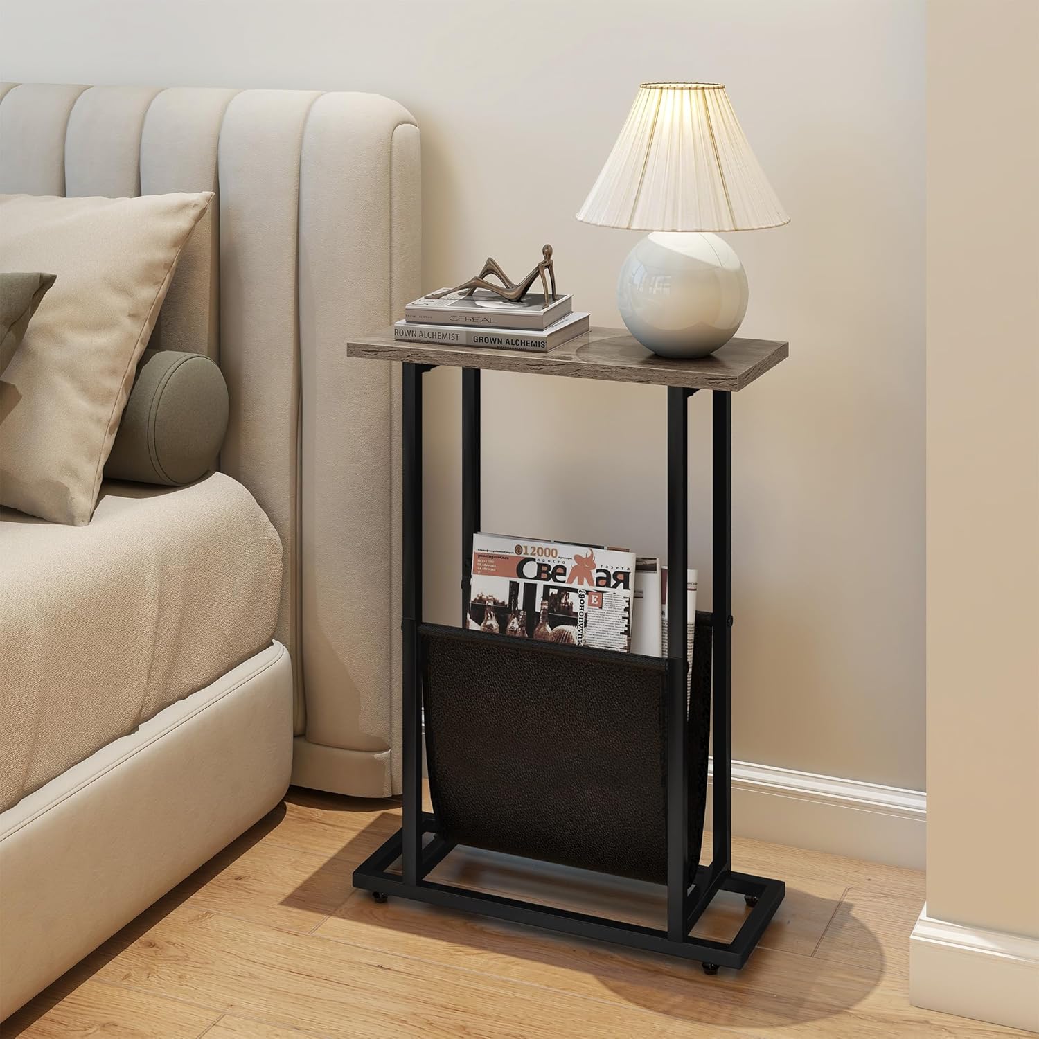 Acovy Narrow Side Table for Small Place,Metal Table with PU Leather Bag,Slim Nightstand for Reading Or Storage,Sofa Side Table for Living Room,Bedroom,Gery