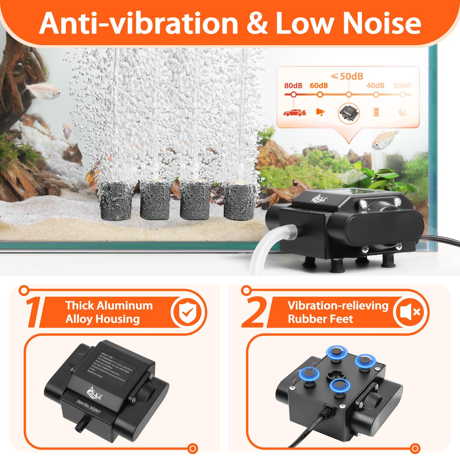 AQQA Pompe à air pour aquarium, 4 sorties puissantes pour bassin extérieur, pompe à oxygène réglable, avec accessoires