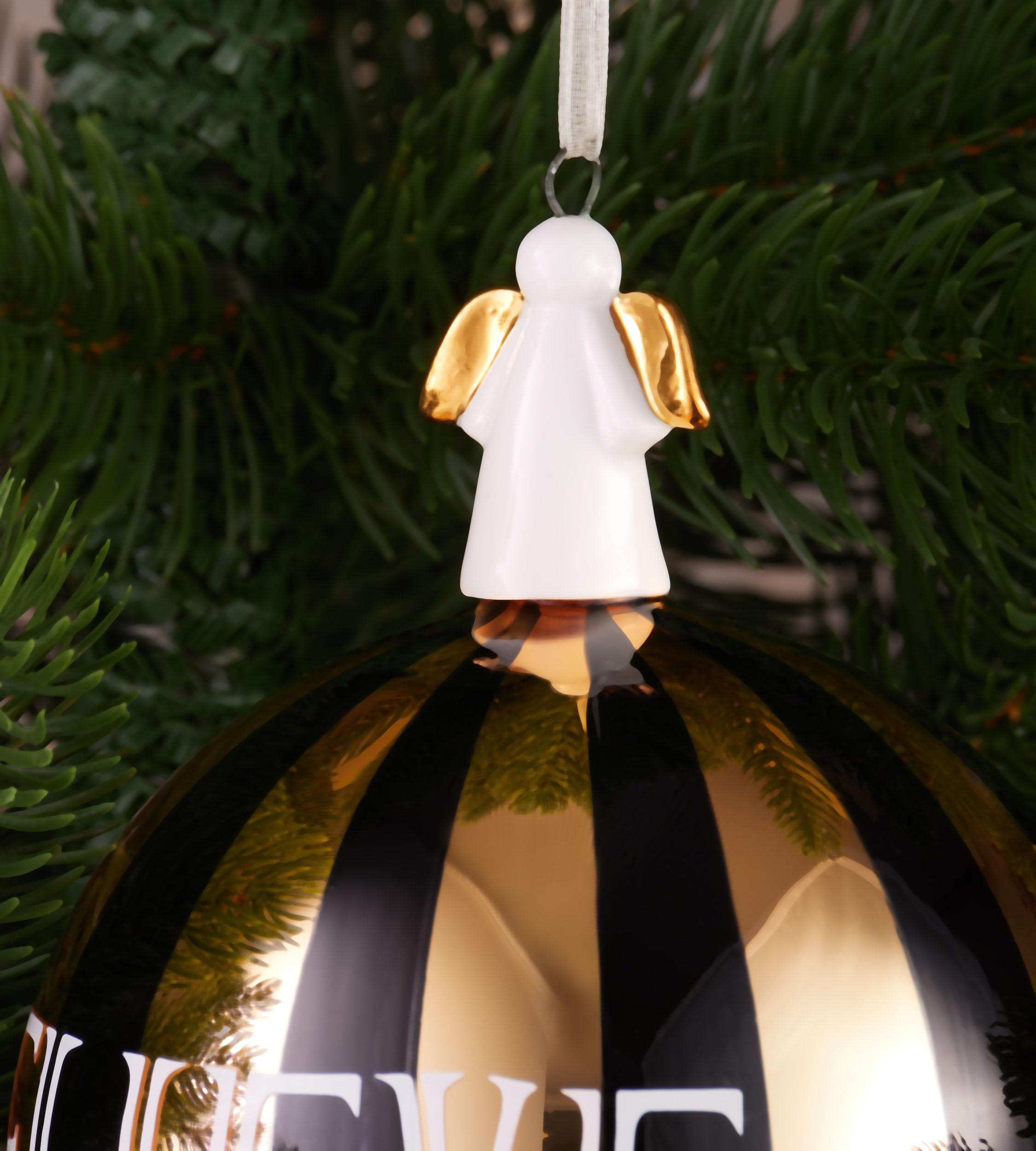 BRUBAKER Sfera di Natale di alta qualità, cervo su marmo, sfera di colore bianco oro, 10 cm, in vetro con testa di cervo, statuetta in porcellana, sfera per albero di Natale effetto