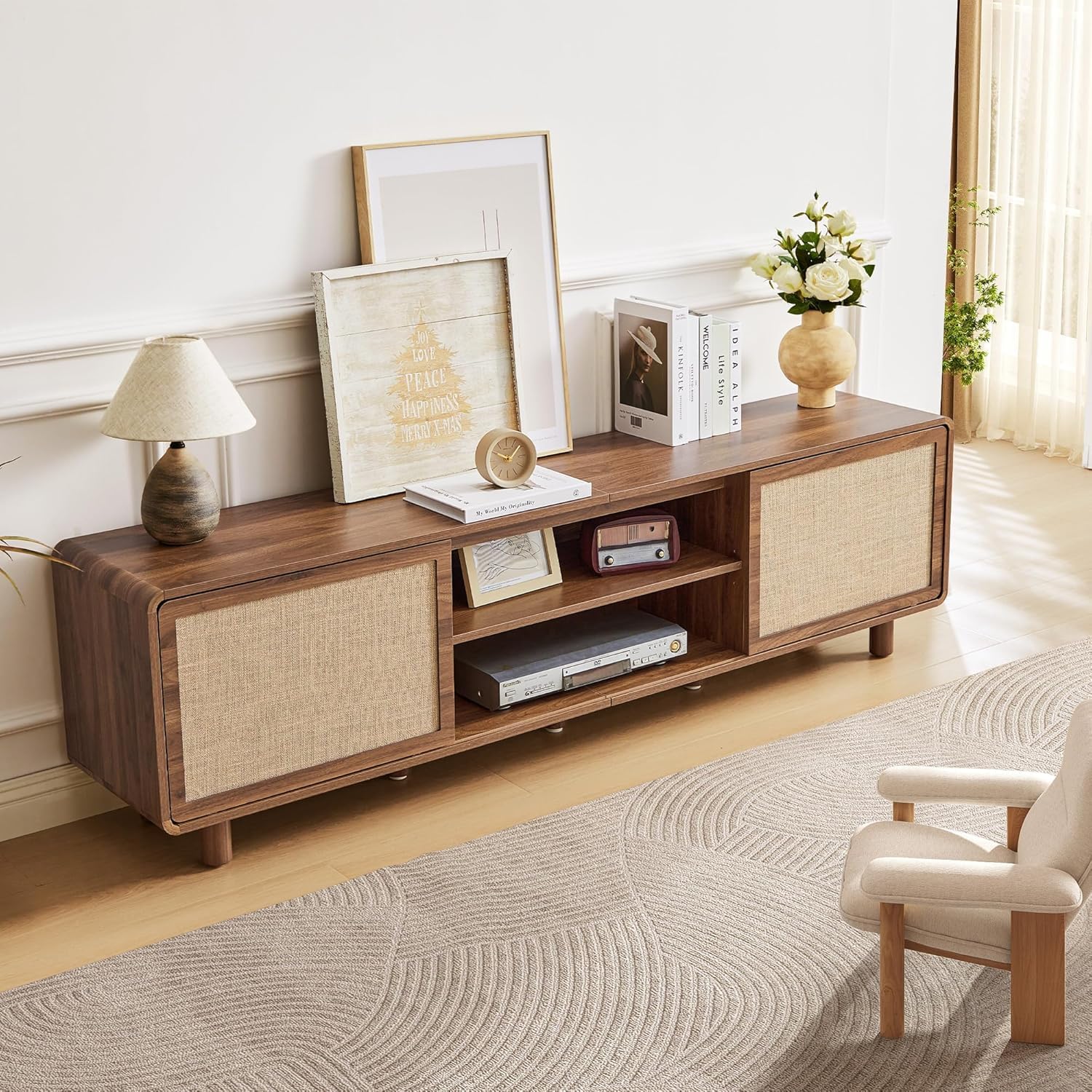 AVZEAR 70'' Mid Century Modern TV Stand for TVs up to 80 Inch, Farmhouse Entertainment Center with Storage & Nature Linen Door, Curved Edge Large TV Console Table Media Console for Living Room, Walnut