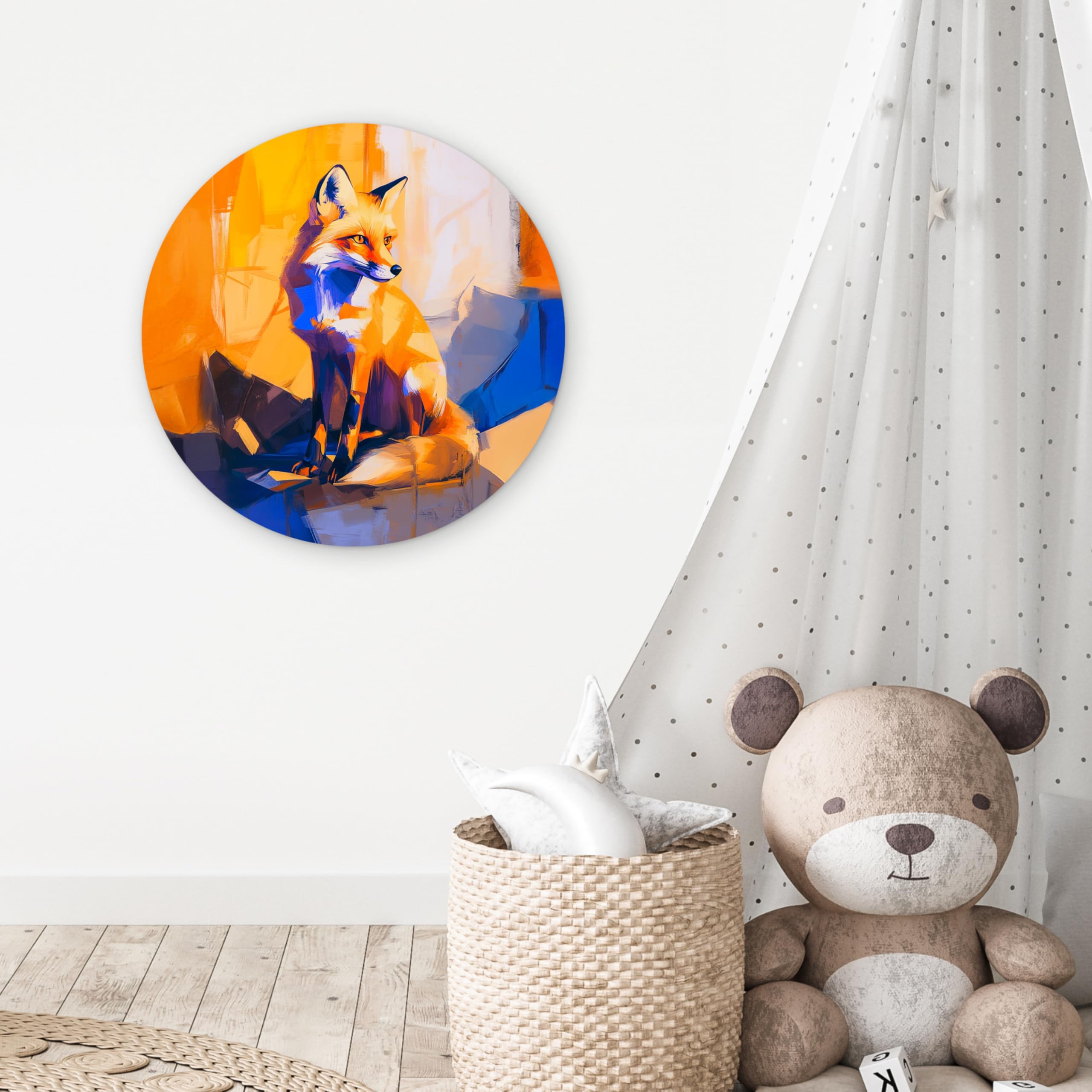 MuchoWow© Wandkreis Ø60 cm Home Decor Modern Dekoration Deko Wandbilder Wanddekoration Zimmerdeko Wohnung Wall XXL Wohnzimmer Schlafzimmer Fuchs - Orange - Formen - Abstrakt