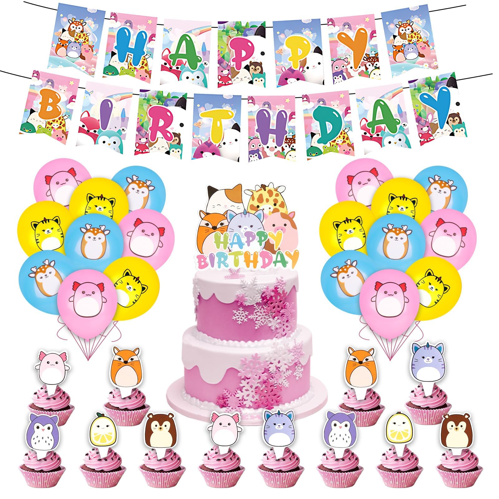 32PCS Cartoon Birthday Party Decorations, Cartoon Birthday Party Supplies, Happy Birthday Banner Cake Topper, Latex Balloons, Cupcake Toppers for Kid's Birthday Party Baby Shower Theme Party Supplies