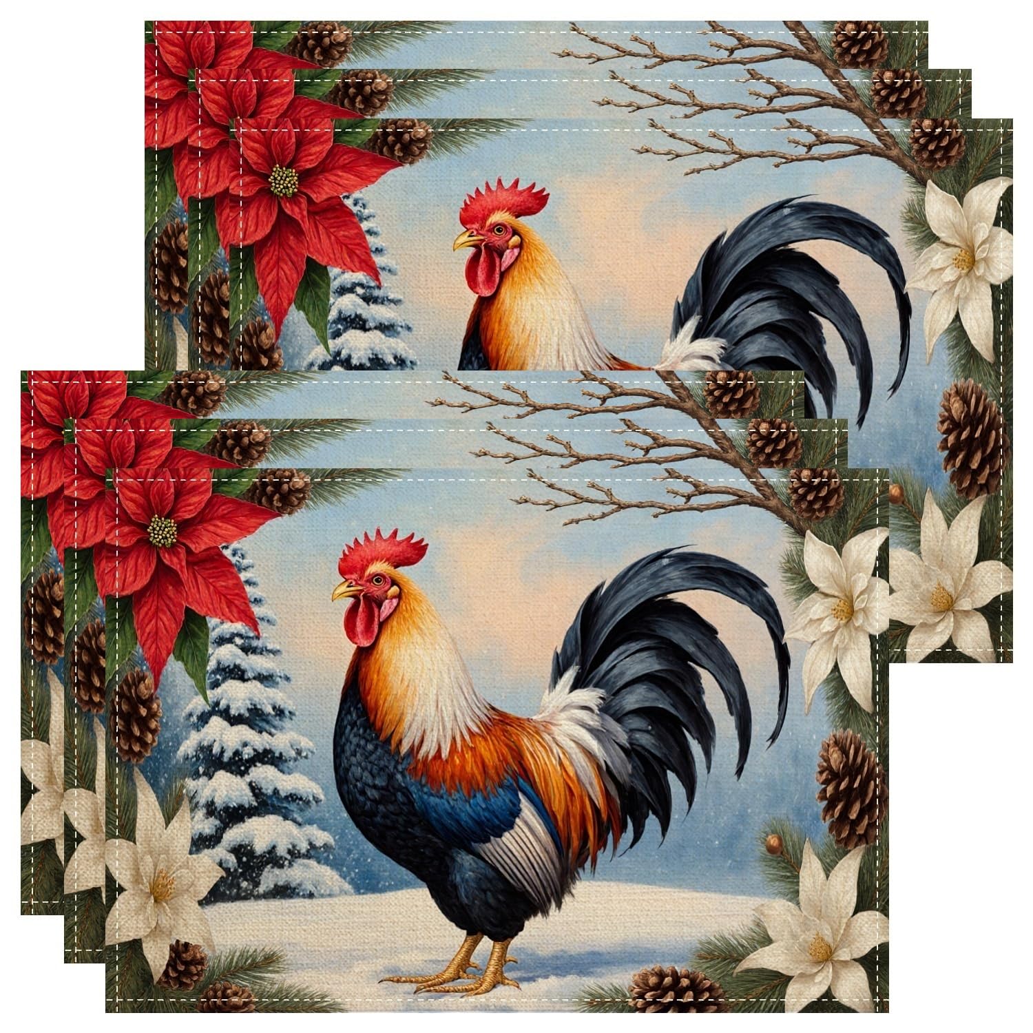 Christmas Rooster Placemats, Colorful Country Floral Place Mats for Dining Table, Winter Holiday Non-Slip Washable Indoor Outdoor Kitchen Party Decorative Placemat Set of 6