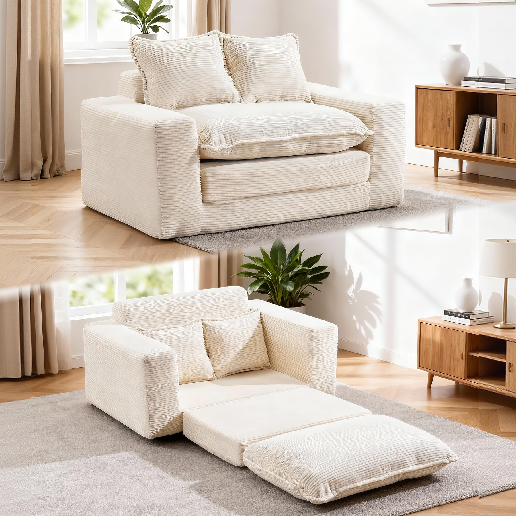 58 Pull Out Sofa Bed Convertible 2 in 1 Folding Loveseat Sofa Couch Corduroy Boneless Floor Sleeper Mattress