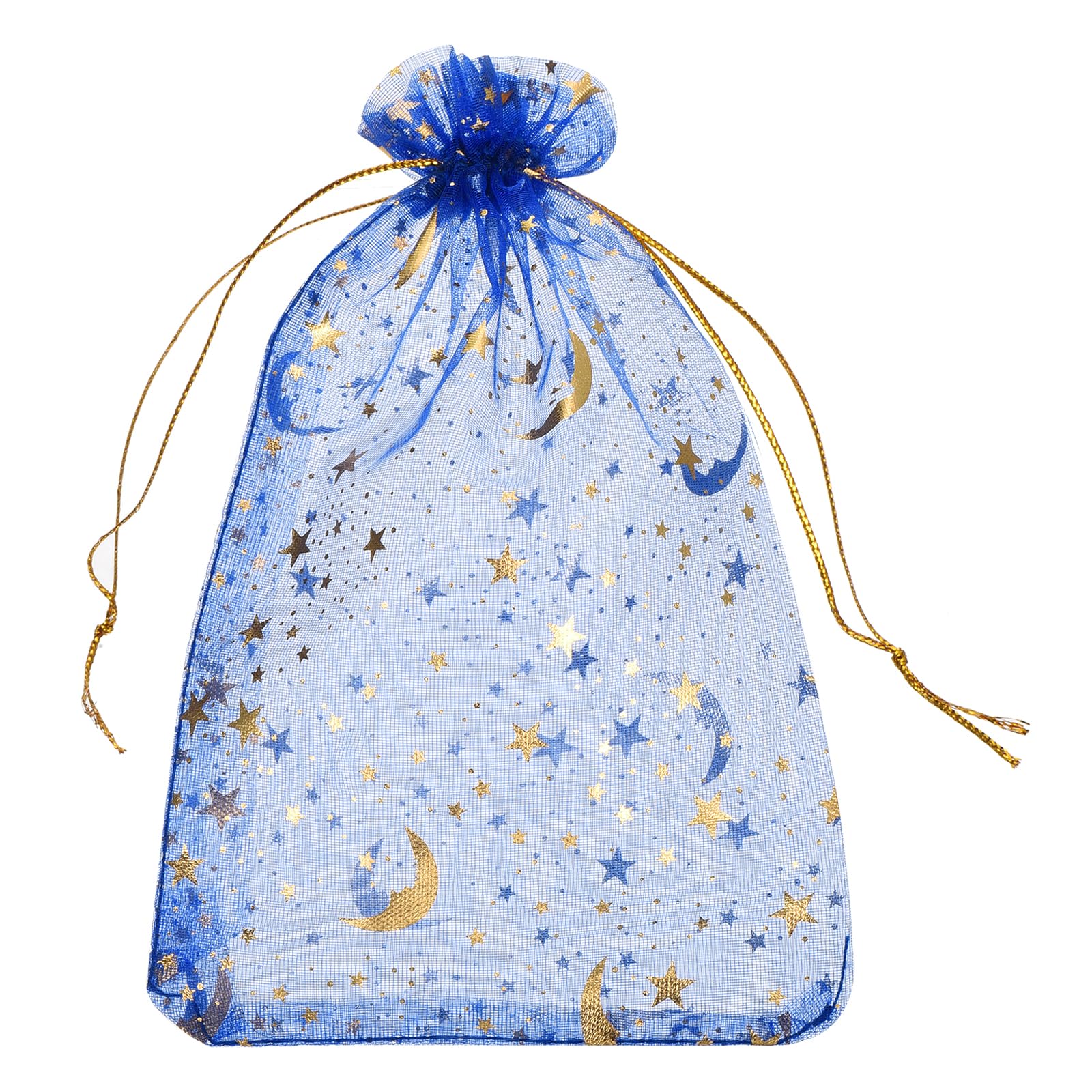 sourcing map Organza Bag 5" x 7", Sheer Moon Star Mesh Bags Drawstring Gift Bags Bulk Party Favor Bag Jewelry Pouches for Wedding Candy Valentines (Bright Blue-Gold, Pack of 100)