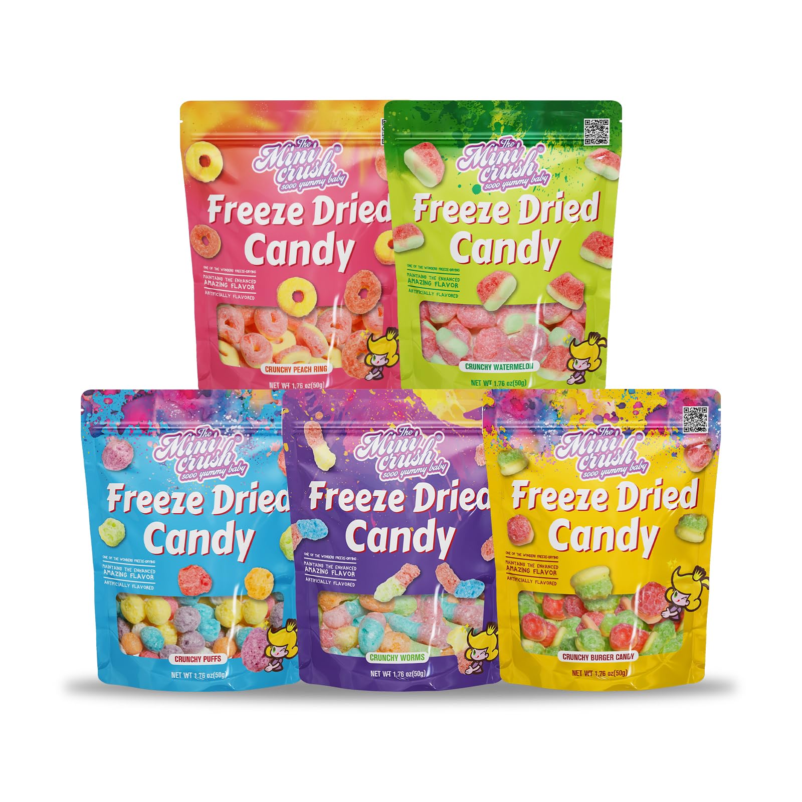 Freeze Dried Candy - 5 Flavors Variety Pack Crunchy Peach Rings, Watermelon, Puffs, Worms, Burger Candy - 1.7oz Each, Sweet Treat Snack for School, Family, Birthday, Party Favors