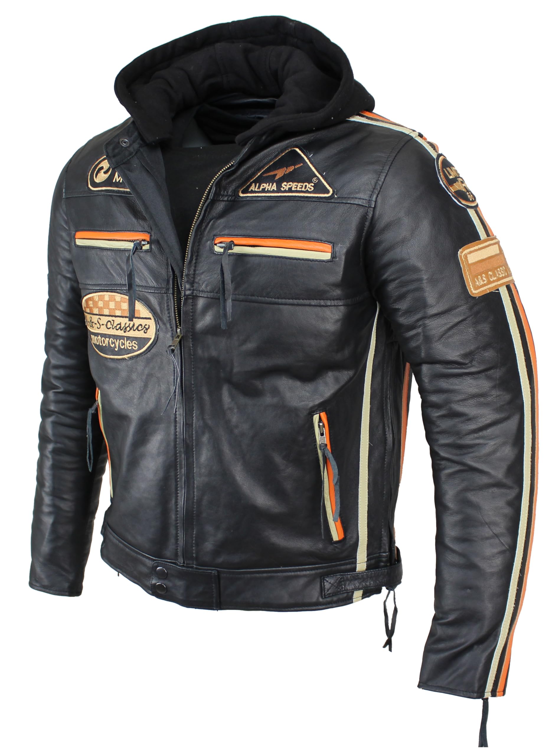Herren Motorradjacke Lederjacke Biker Jacke mit Protektoren Leder Jacke mit Kapuze Leather Jacket Fashion Jacket Custom