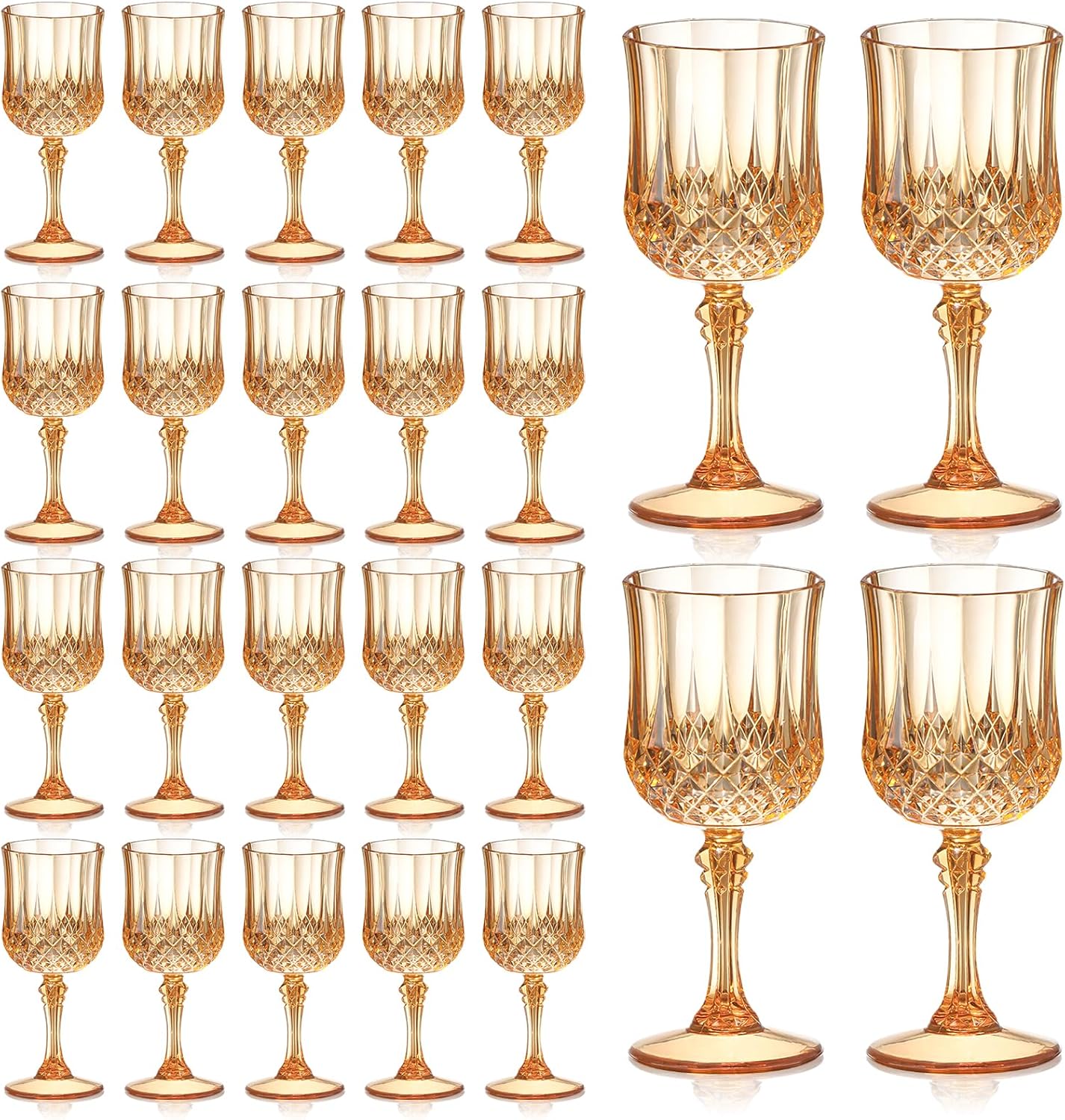 XUWAIDSGN 24 Pcs 7oz Plastic Vintage Wine Glasses Drinking Glasses Unbreakable Wedding Glassware Crystal Water Goblets Reusable Drinkware Vintage Champagne Flutes (24, Amber)