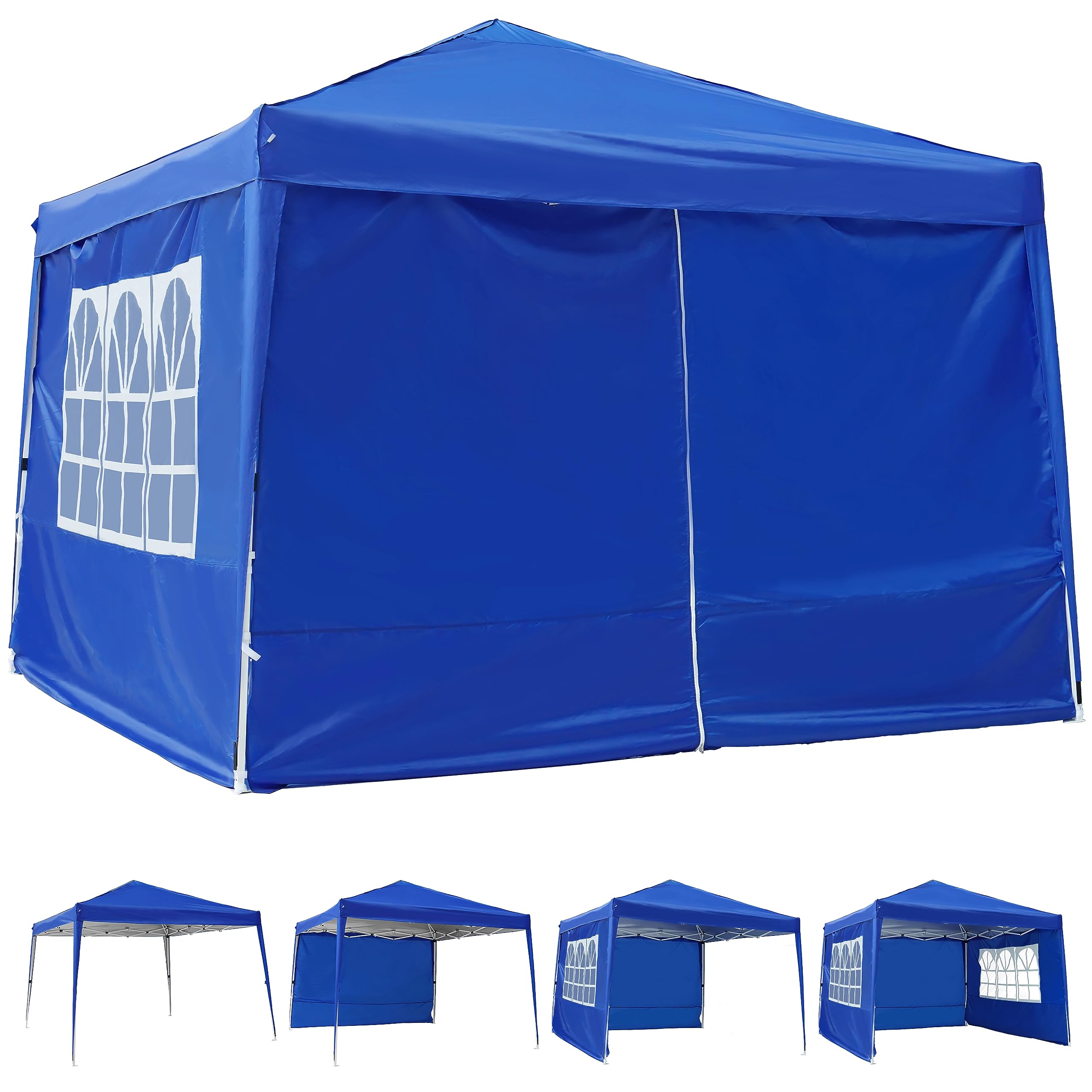 Elevon 10'x10' Pop Up Canopy with Sidewalls Adjustable Leg Heights with Wheeled Carrying Bag, Stakes, Rope and 4X Weighted Sand Bags, Blue with Sidewalls